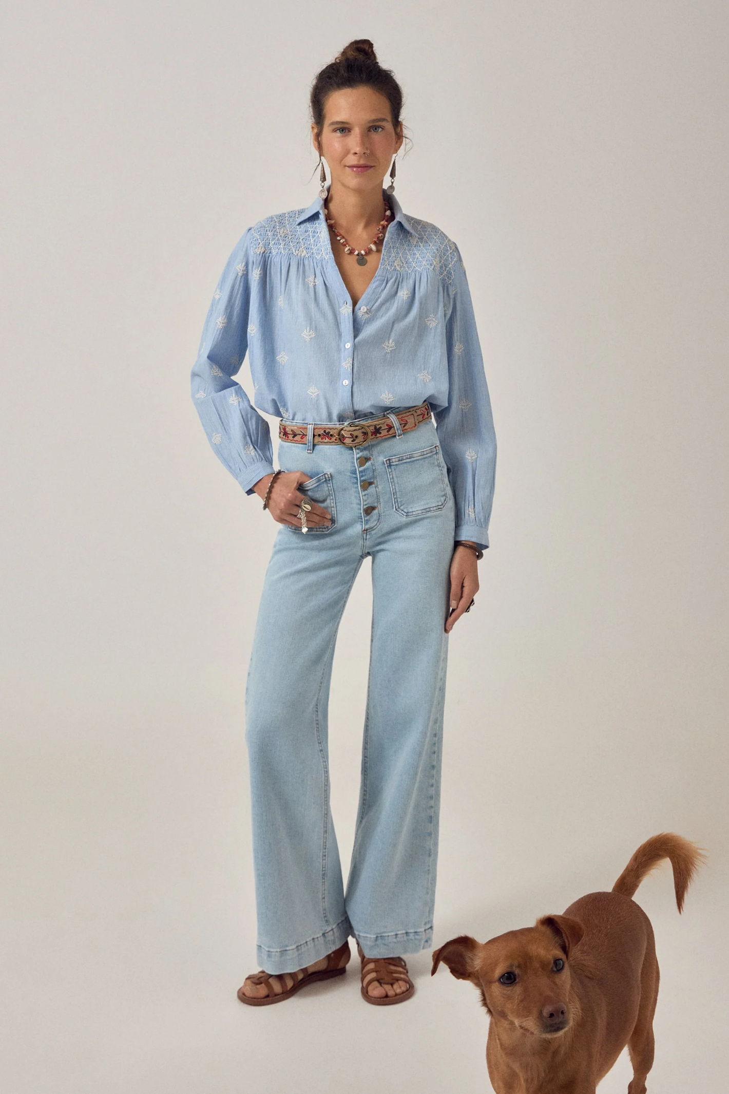 Woman wearing Maison Hotel James Shirt Sky Blues Sunny styled casually with jeans and sandals, shop Maison Hotel at Dotique