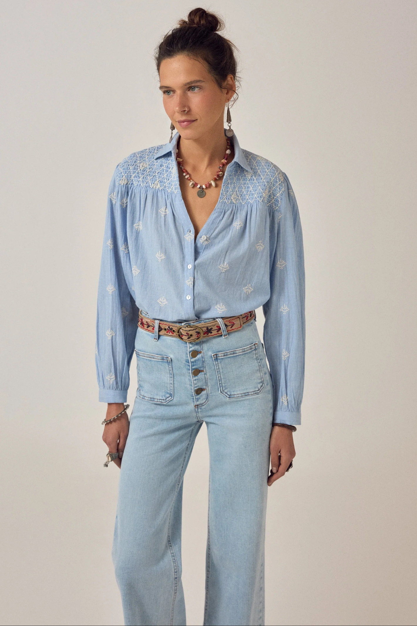 Maison Hotel James Shirt Sky Blues Sunny worn by model, showcasing Maison Hotel style, shop Maison Hotel at Dotique.