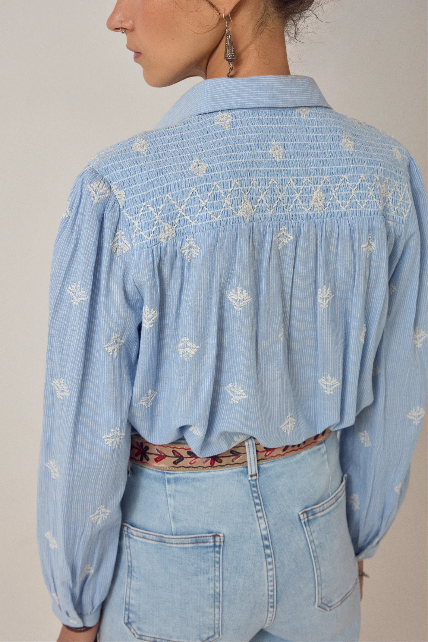 Back view of Maison Hotel James Shirt Sky Blues Sunny with intricate embroidery, shop Maison Hotel at Dotique.