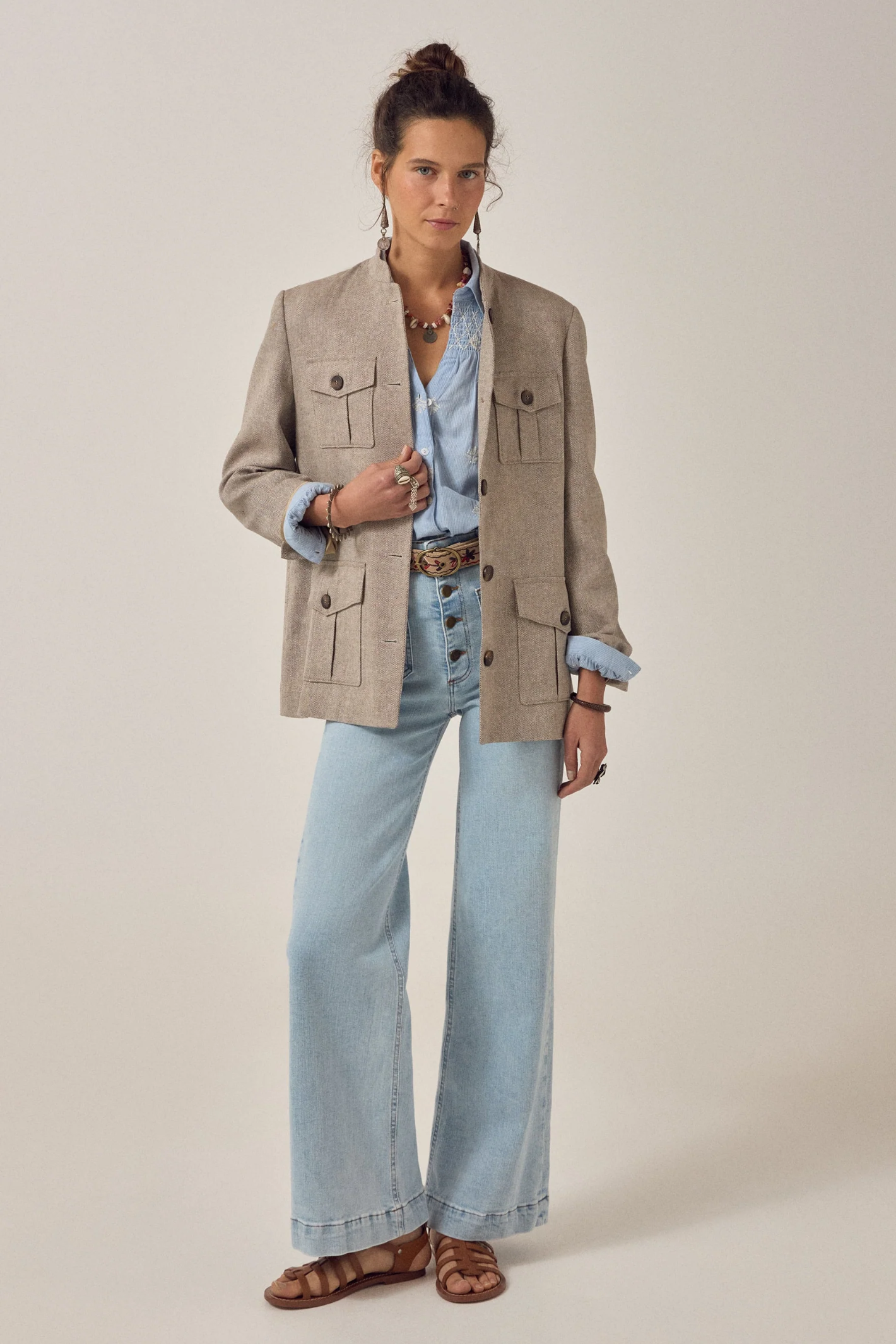 Model wearing Maison Hotel James Shirt Sky Blues Sunny with casual jacket and jeans, shop Maison Hotel at Dotique