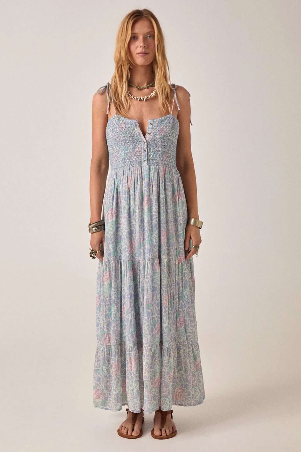Woman wearing Maison Hotel Julie Dress Cloud Garden Misty Bloom by Maison Hotel, shop the brand at Dotique online.
