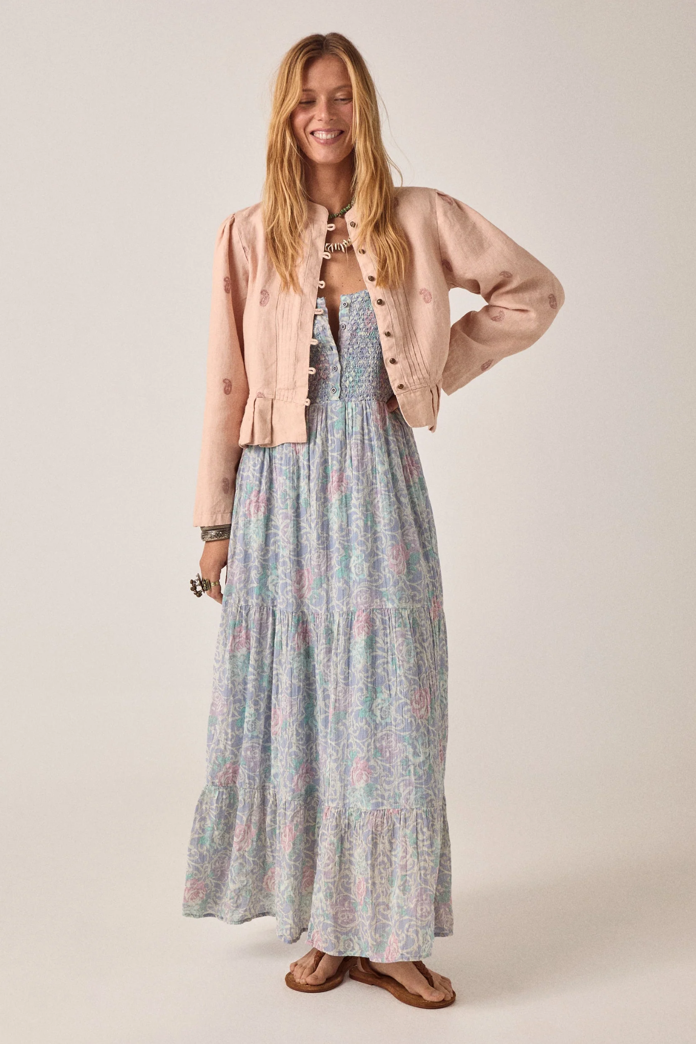 Model wearing Maison Hotel Julie Dress Cloud Garden Misty Bloom with pink jacket by Maison Hotel Shop at Dotique