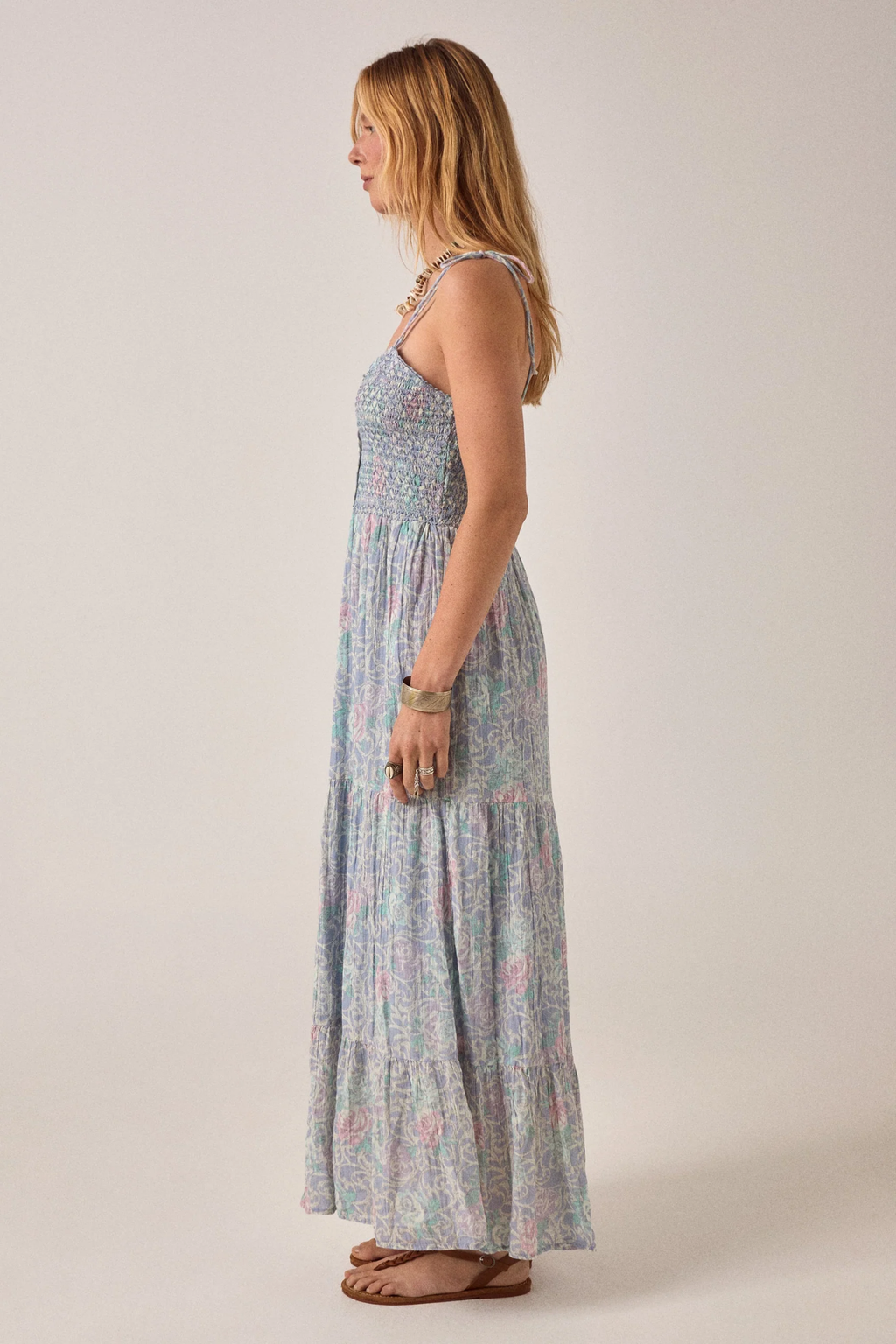 Side view of a woman wearing Maison Hotel Julie Dress Cloud Garden Misty Bloom by Maison Hotel Shop Dotique