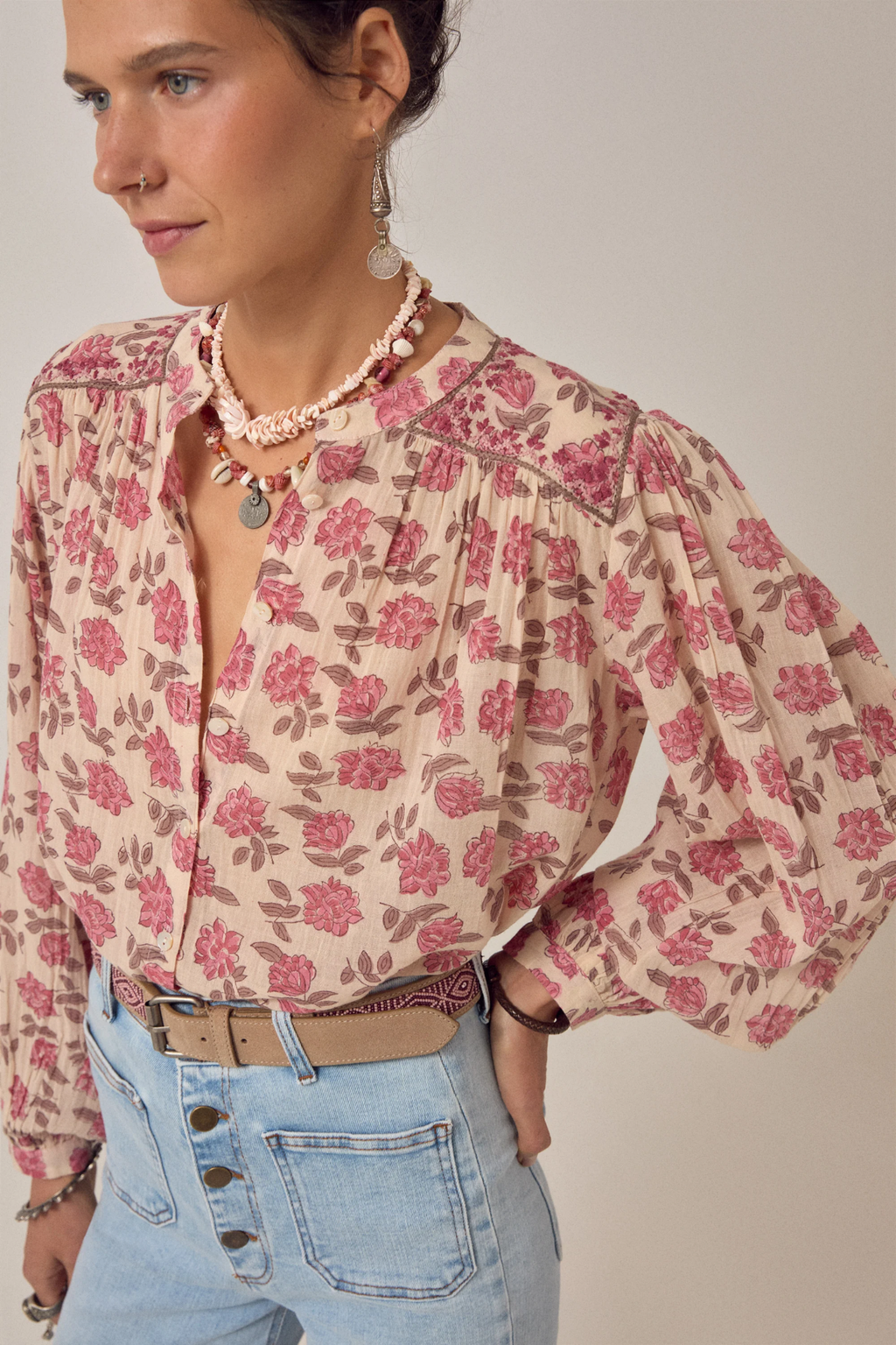 Maison Hotel Lennox Blouse Gordon Roses - Scottish Pink worn by woman, shop Maison Hotel at Dotique online.