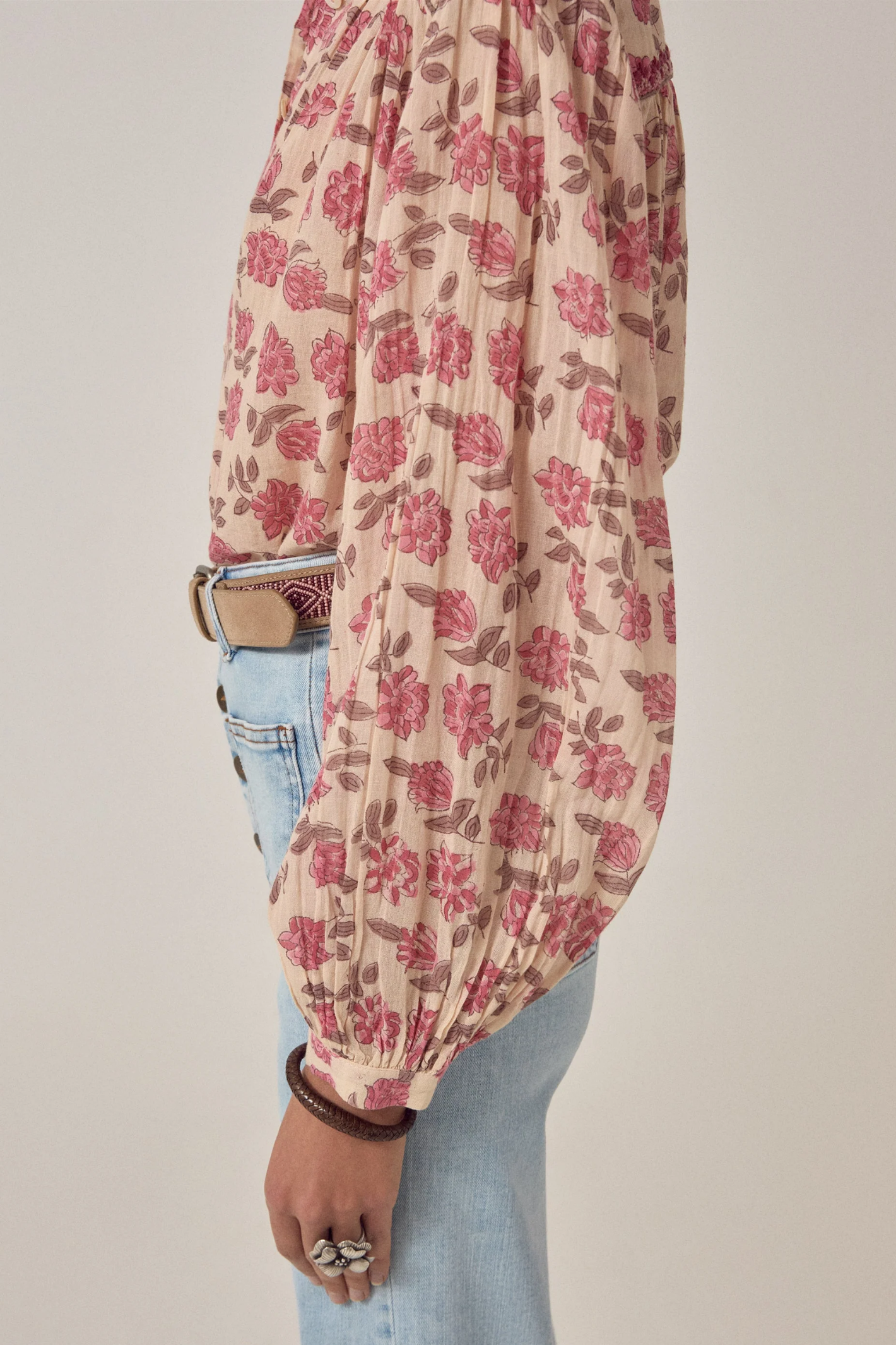 Maison Hotel Lennox Blouse Gordon Roses - Scottish Pink with floral print sleeve, shop Maison Hotel at Dotique.