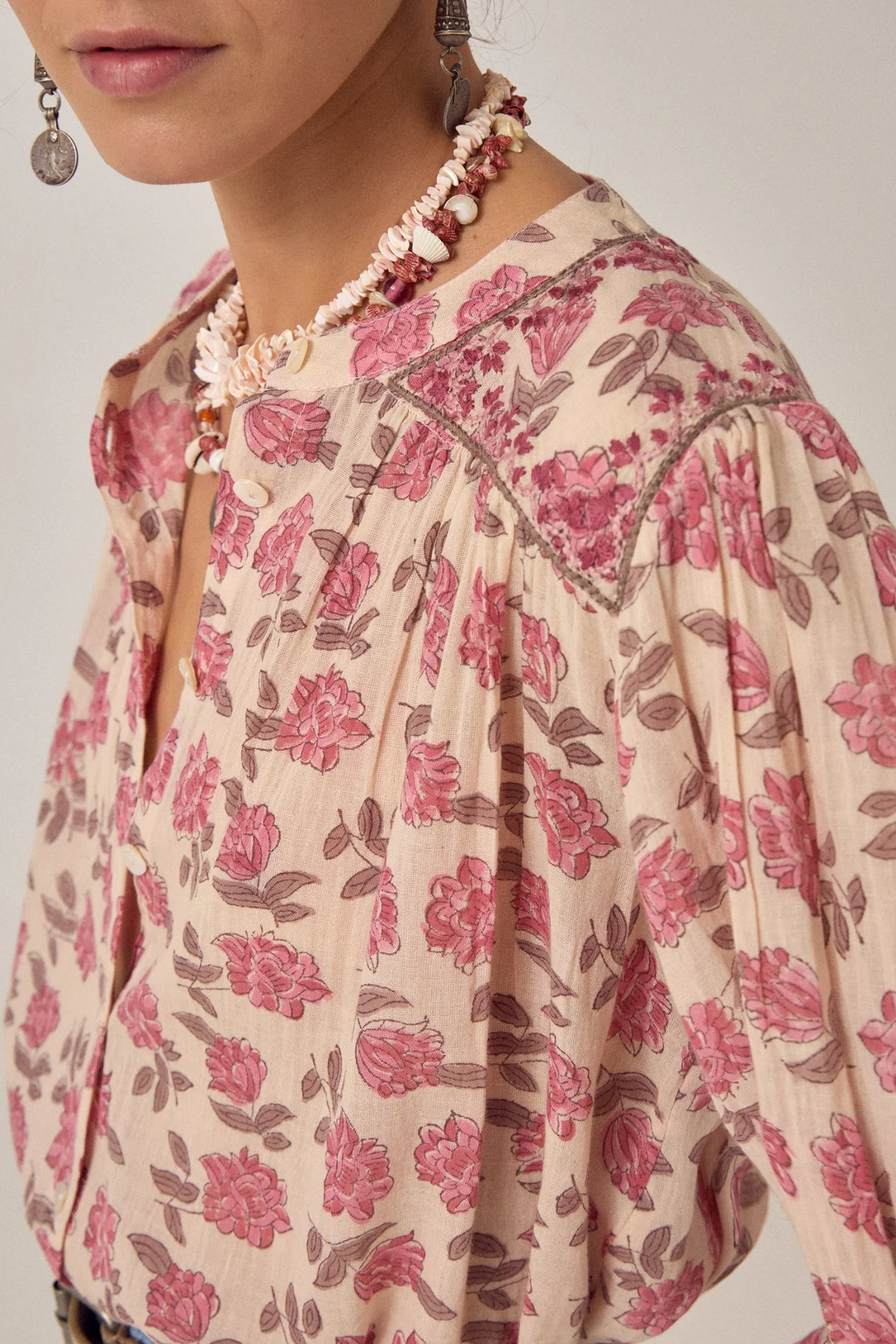 Close-up of Maison Hotel Lennox Blouse Gordon Roses - Scottish Pink floral top, shop Maison Hotel at Dotique.