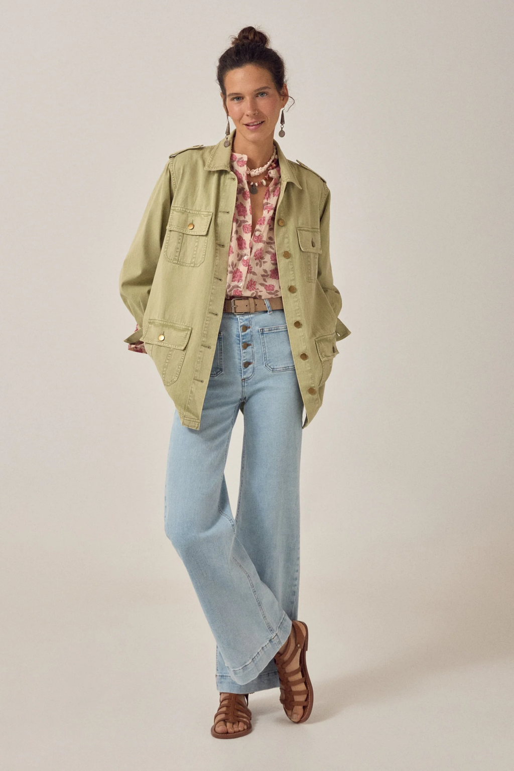 Maison Hotel Lennox Blouse Gordon Roses - Scottish Pink worn by model styled with jacket and jeans Shop Maison Hotel at Dotique