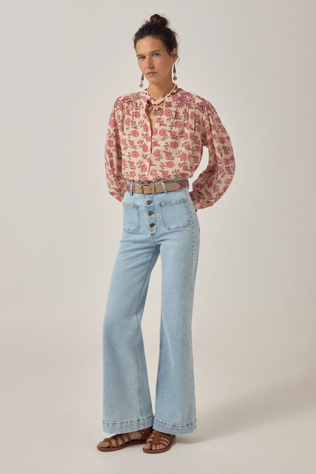 Model wearing Maison Hotel Lennox Blouse Gordon Roses - Scottish Pink by Maison Hotel, shop Maison Hotel at Dotique.