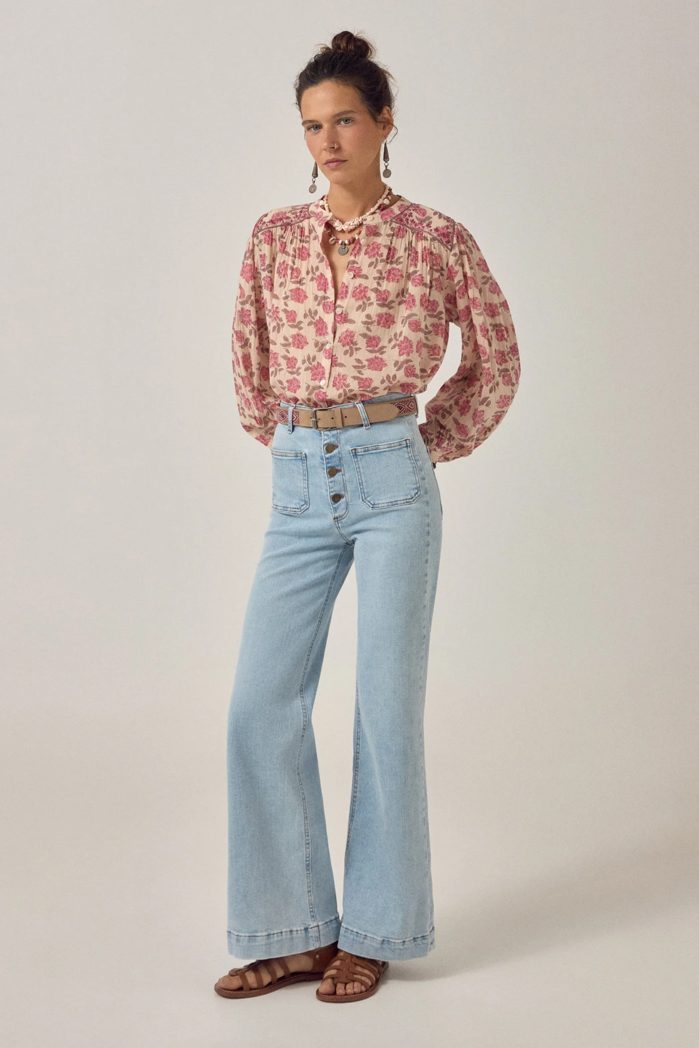 Model wearing Maison Hotel Lennox Blouse Gordon Roses - Scottish Pink by Maison Hotel, shop Maison Hotel at Dotique.