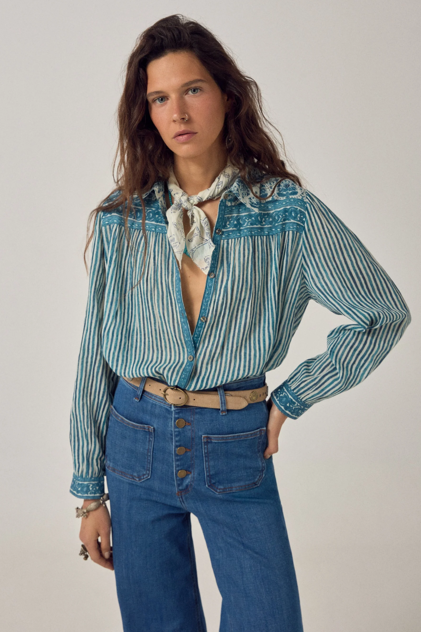 Woman wearing Maison Hotel Maria Shirt - Mediterranean Stripes Blue Ink by Maison Hotel, shop Maison Hotel at Dotique.