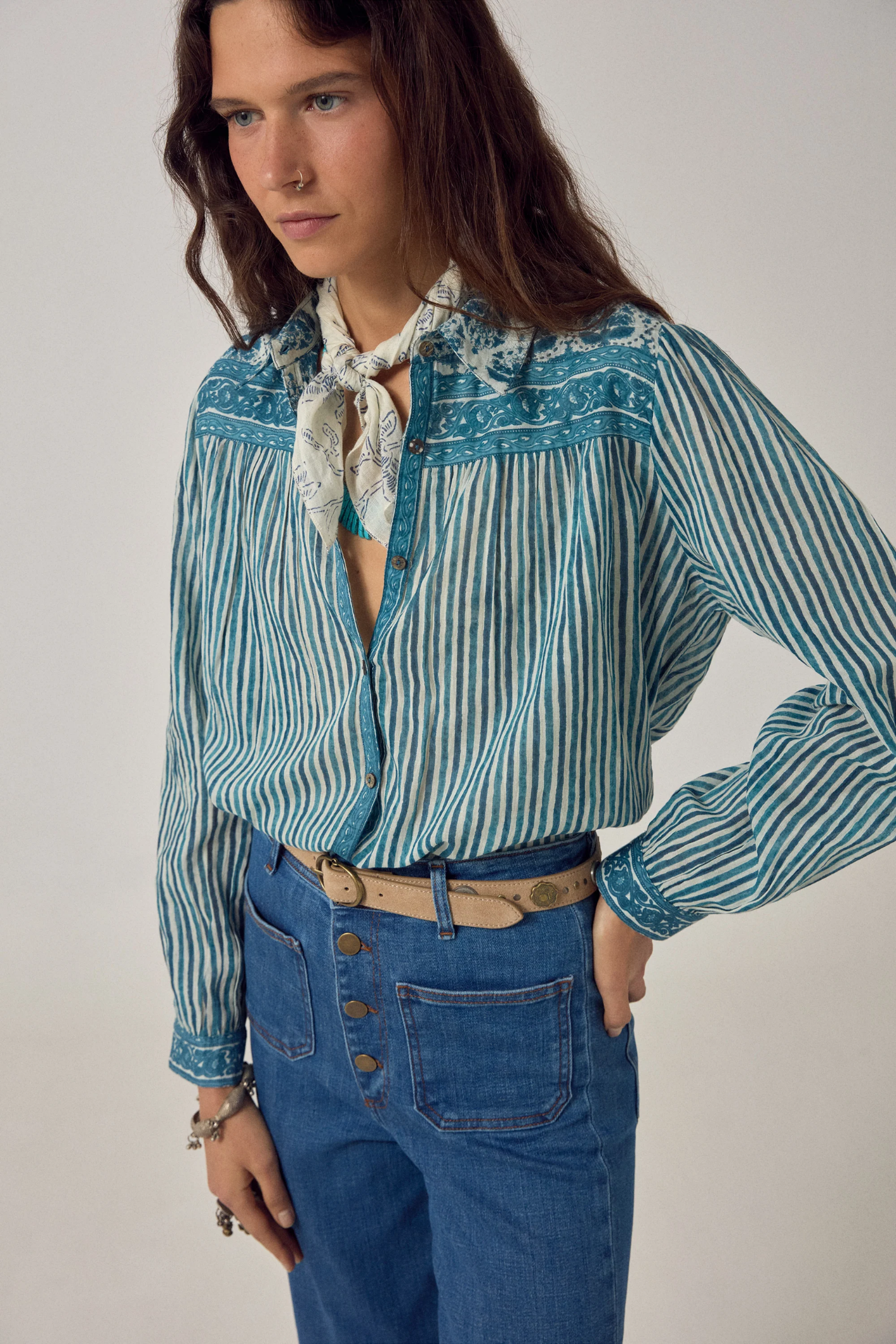 Woman wearing Maison Hotel Maria Shirt - Mediterranean Stripes Blue Ink by Maison Hotel, shop Maison Hotel at Dotique.