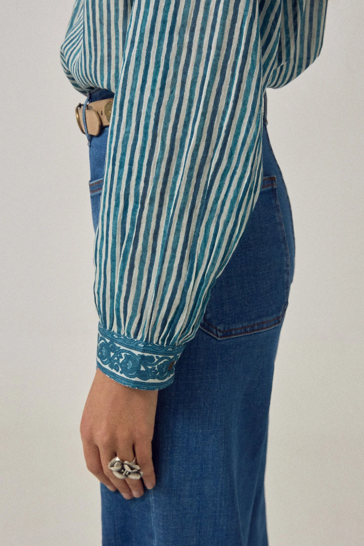 Maison Hotel Maria Shirt - Mediterranean Stripes Blue Ink worn with denim, shop Maison Hotel at Dotique for stylish looks.