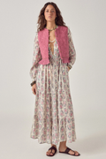 Woman wearing Maison Hotel Mia Vest Peonia Punk Pink layered over floral dress by Maison Hotel, shop Maison Hotel at Dotique