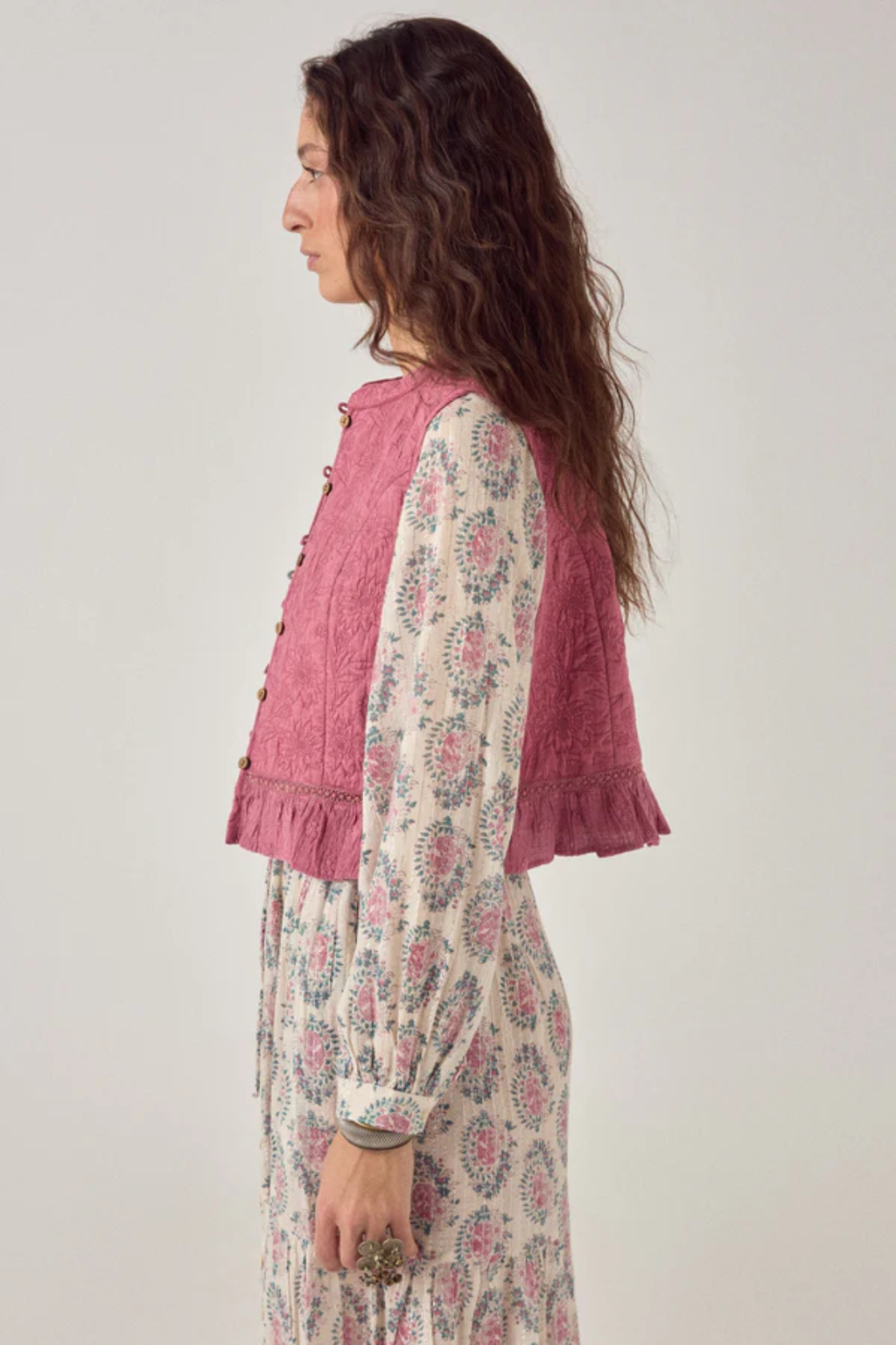 Side view of woman wearing Maison Hotel Mia Vest Peonia Punk Pink by Maison Hotel, shop Maison Hotel at Dotique