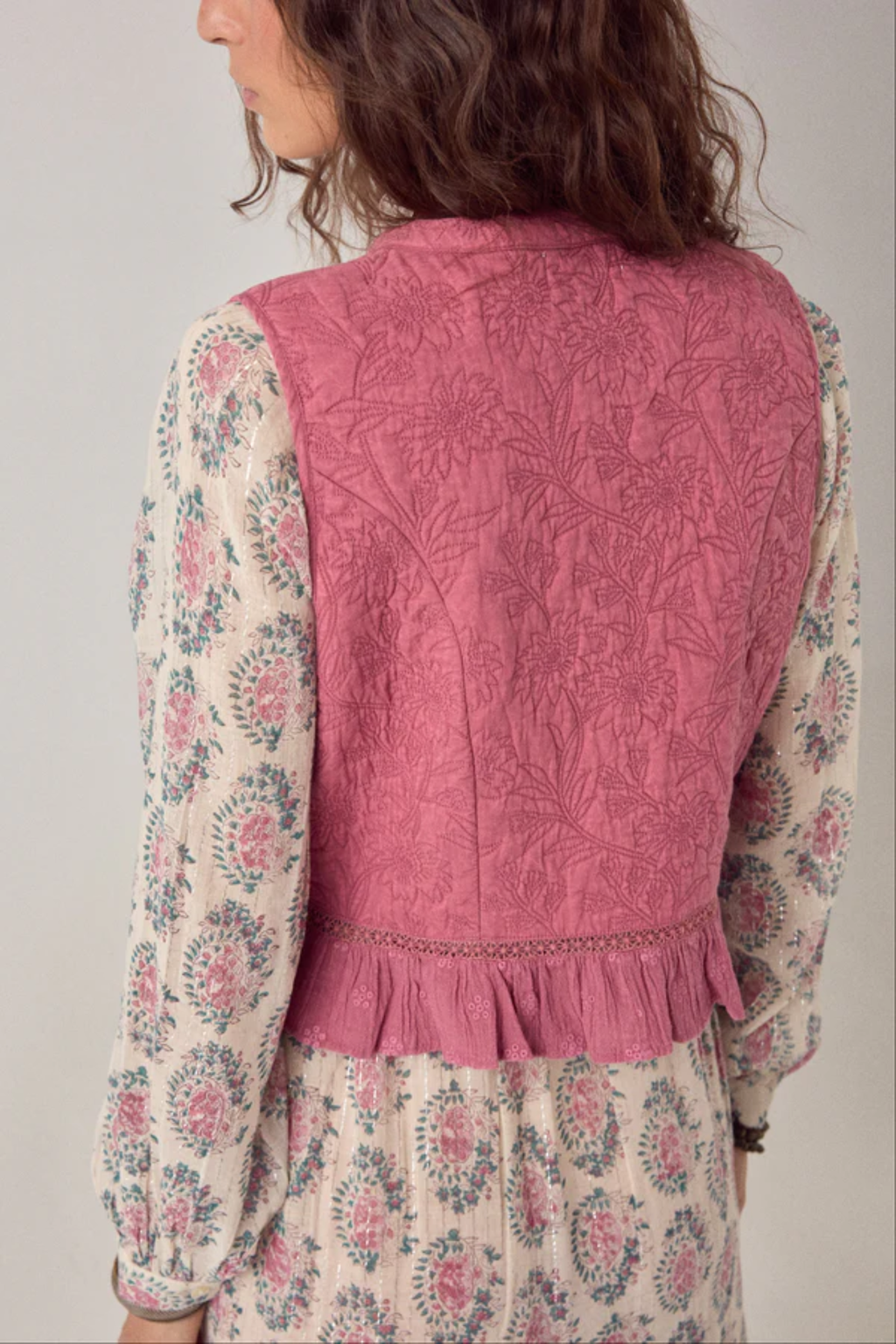 Back view of Maison Hotel Mia Vest Peonia Punk Pink over floral blouse, shop Maison Hotel at Dotique