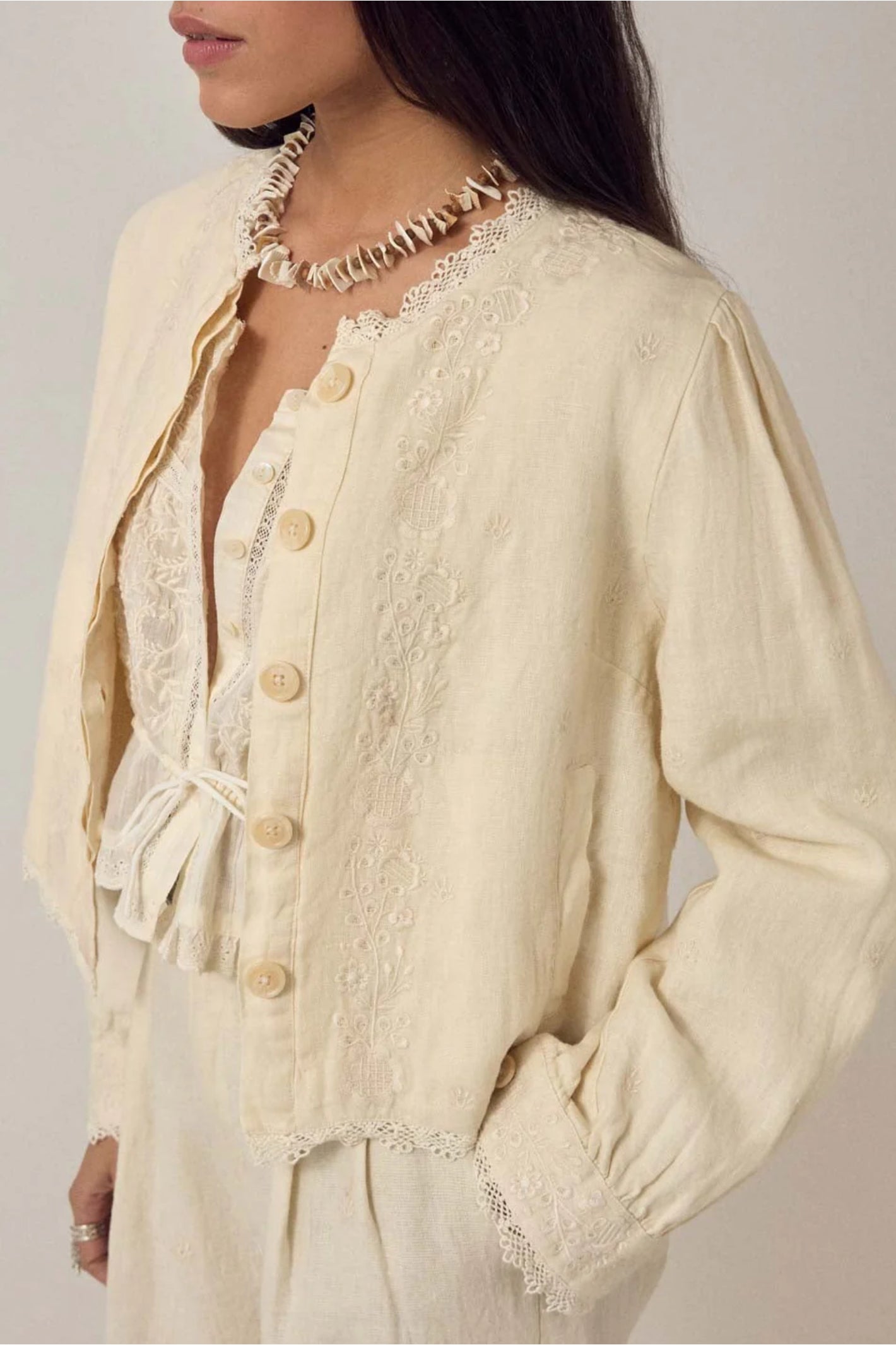 Maison Hotel Otelo Jacket Linen Solstice - Ivory Whisper by Maison Hotel styled on model, shop Maison Hotel at Dotique