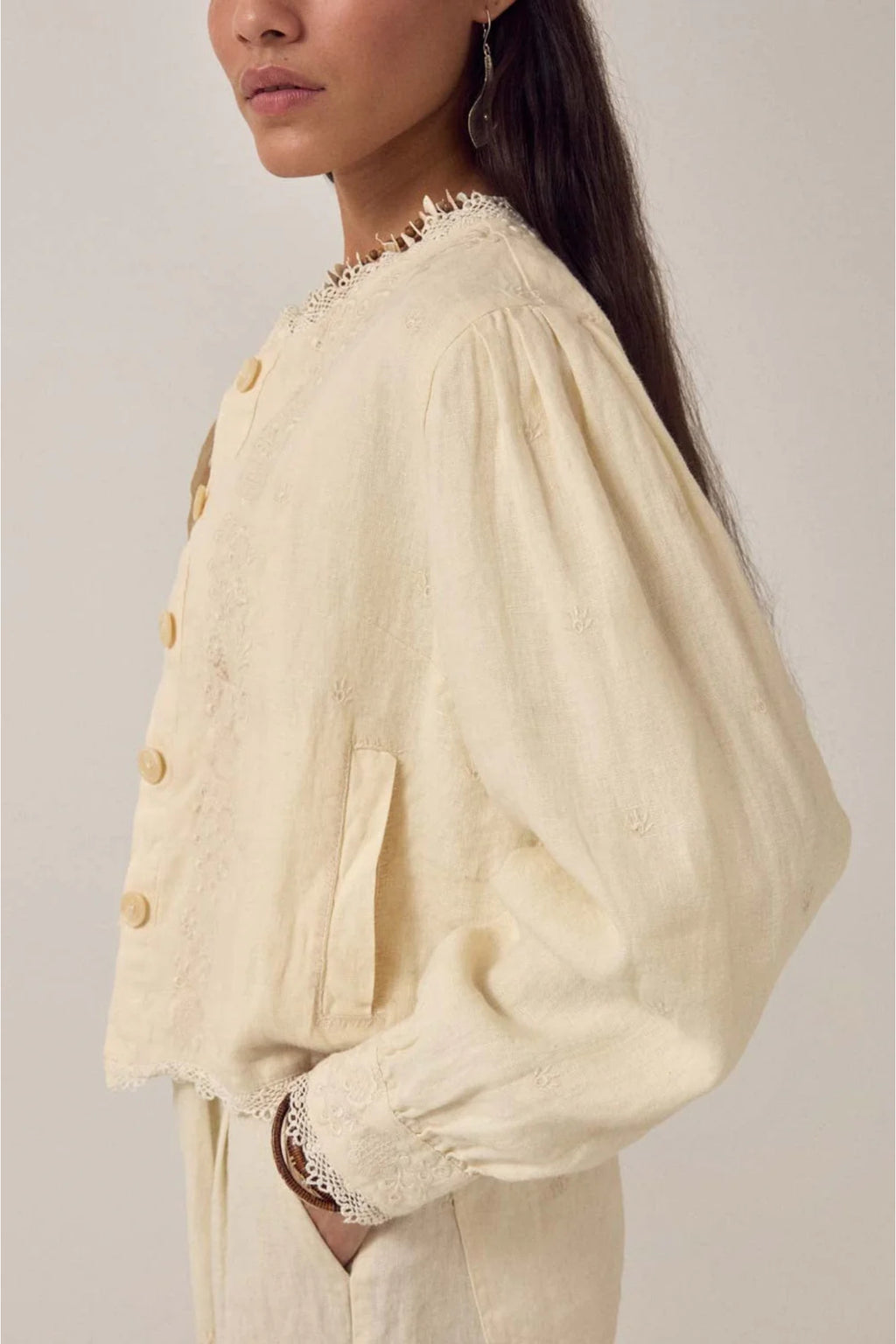 Maison Hotel Otelo Jacket Linen Solstice - Ivory Whisper side gallery 1 showcasing textured cotton-linen blend Shop Maison Hotel at Dotique