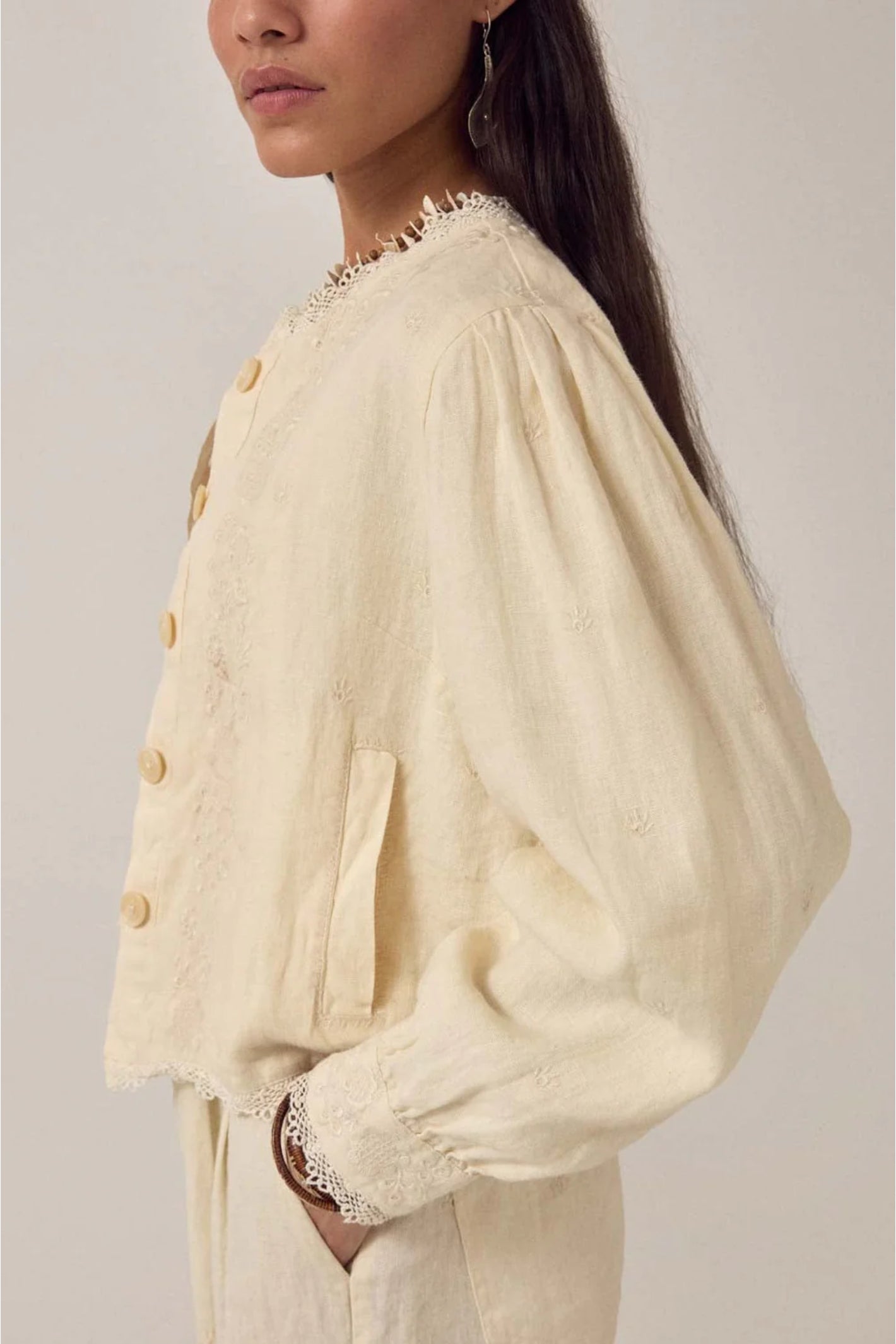 Maison Hotel Otelo Jacket Linen Solstice - Ivory Whisper shown on model, shop Maison Hotel at Dotique for elegant linen wear.