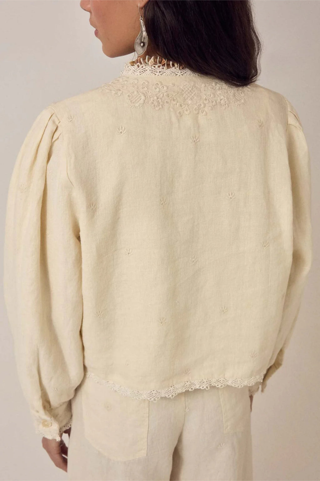 Maison Hotel Otelo Jacket Linen Solstice - Ivory Whisper back view highlighting lace details Shop Maison Hotel at Dotique gallery 1