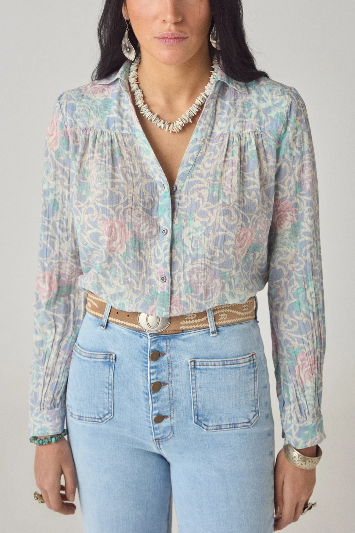 Woman wearing Maison Hotel Rani Shirt Misty Garden by Maison Hotel, shop Maison Hotel at Dotique for elegant styles.