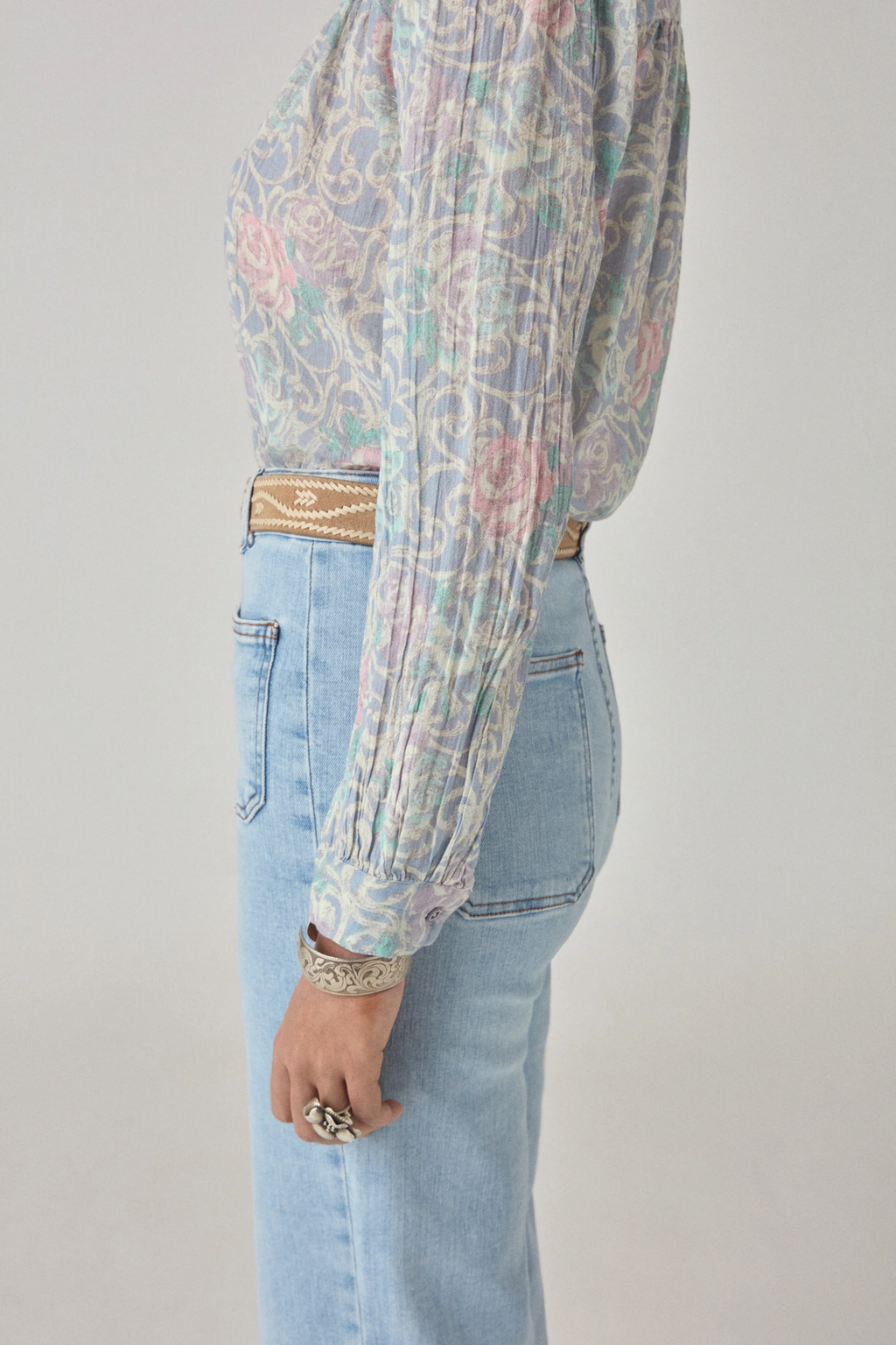 Maison Hotel Rani Shirt Misty Garden styled with light denim, shop Maison Hotel at Dotique for elegant floral fashion.