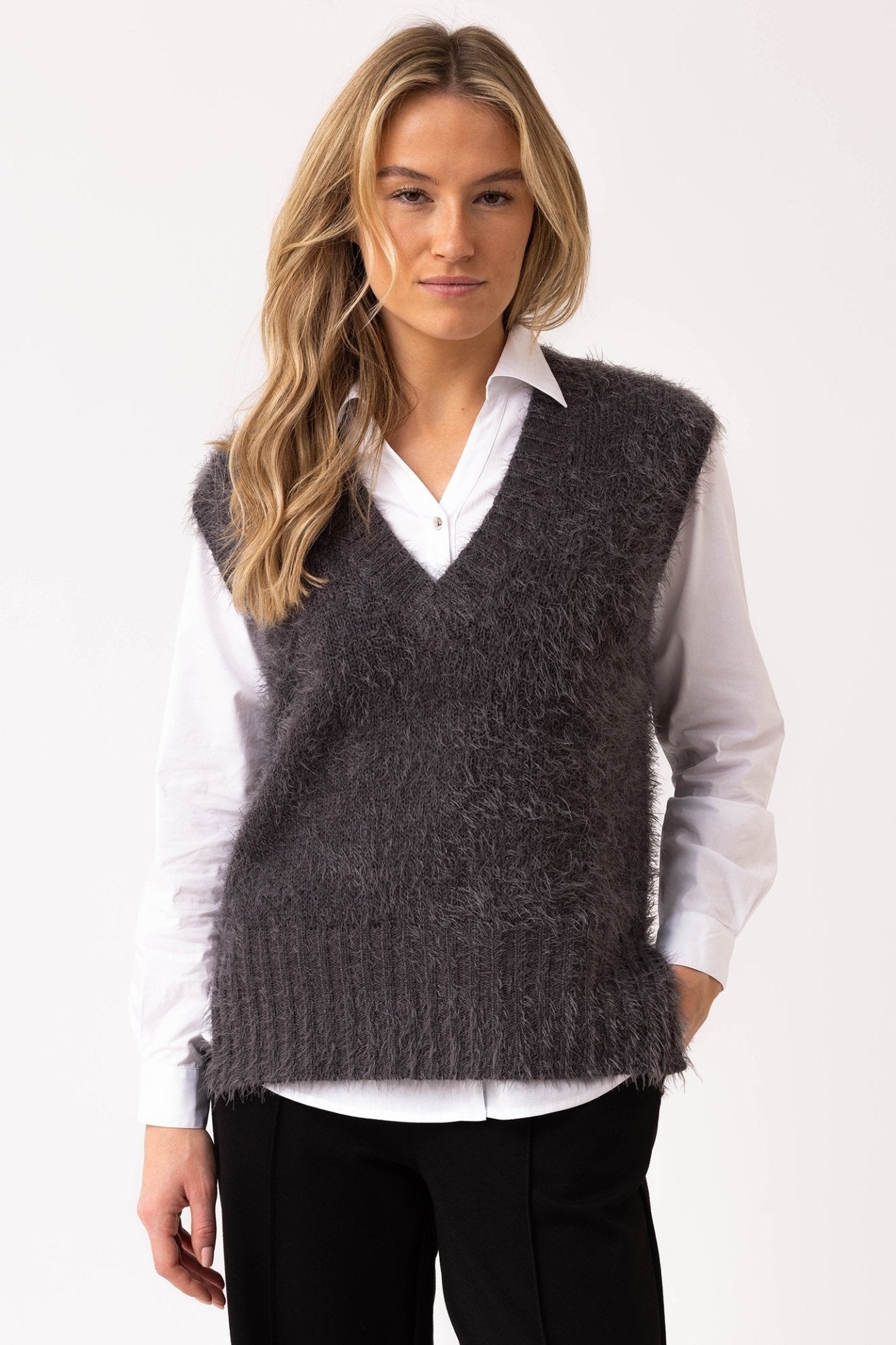 Marble 7140 (105) Grey Fluffy Tank Top with V - Neck and Side Splits - Dotique - Marble