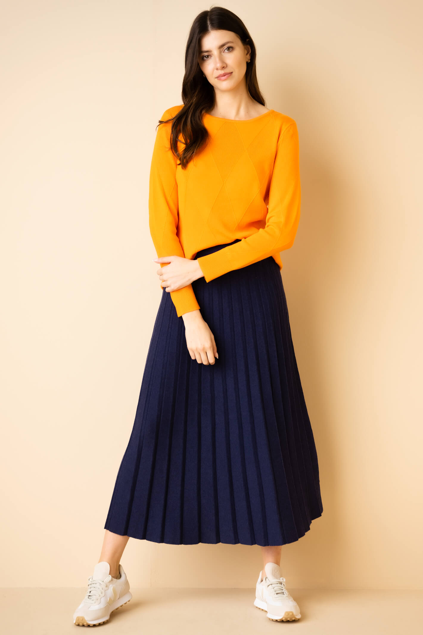 Navy and yellow outlet pleated skirt