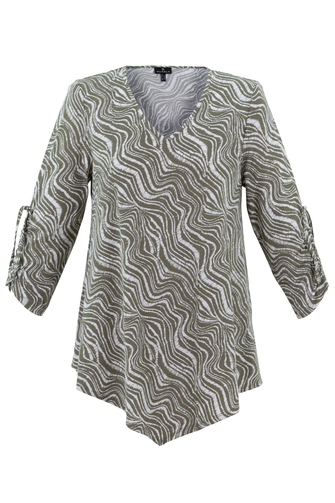 Marble 7416 123 Khaki Green Wave Print V-Neck Tunic Top - Dotique Chesterfield