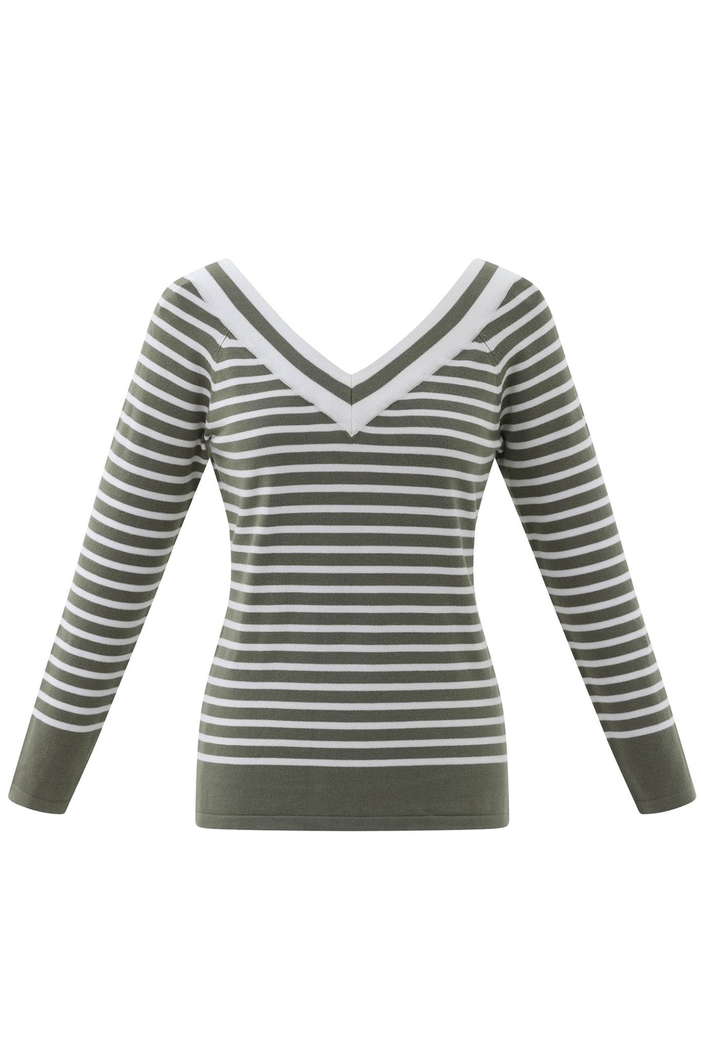 Marble 7800 123 Khaki Green Stripe Wide V - Neck Jumper - Dotique - Marble