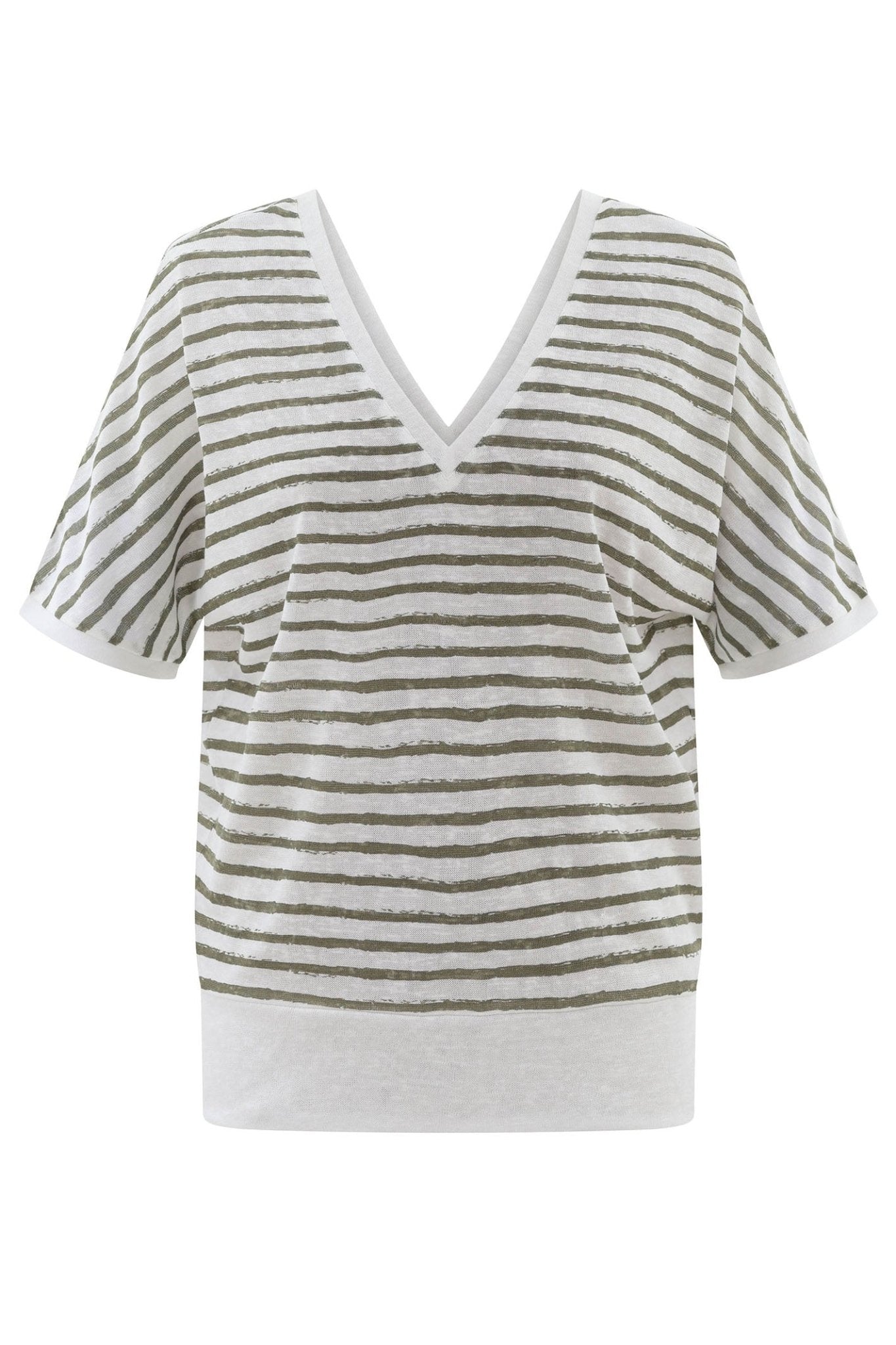 Marble 7841 123 Khaki Green Stripe V - Neck Short Sleeve Top - Dotique - Marble