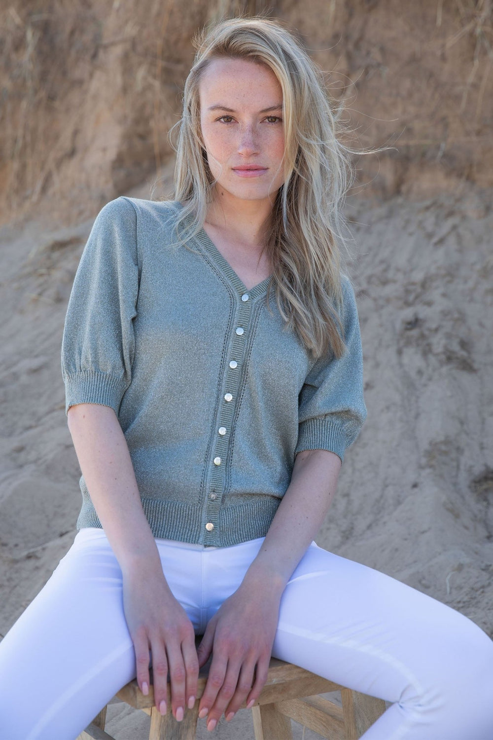 Marble 7870 123 Khaki Green Short Sleeve Cardigan - Dotique - Marble