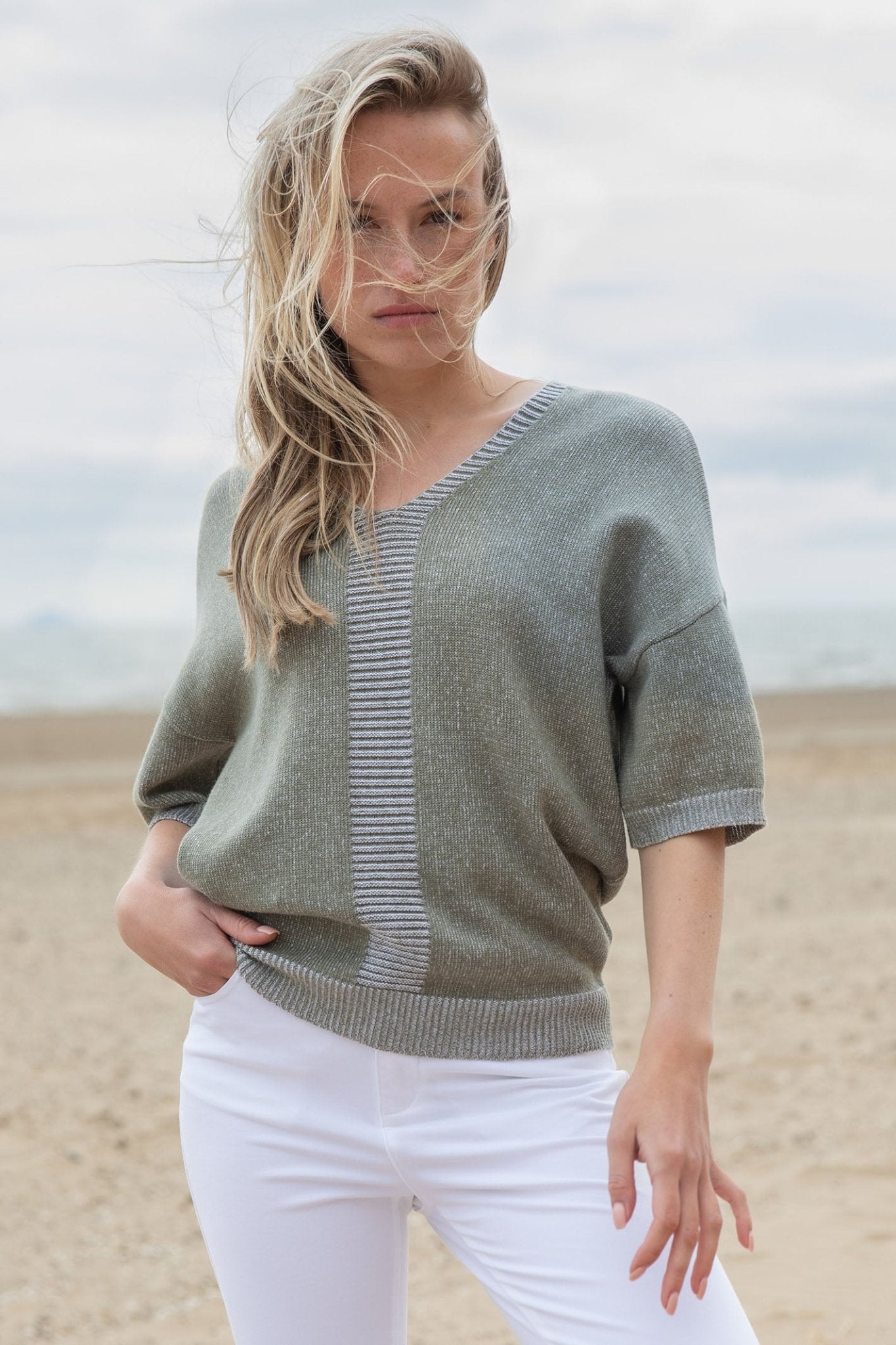 Marble 7884 123 Khaki Green V - Neck Short Sleeve Jumper - Dotique - Marble