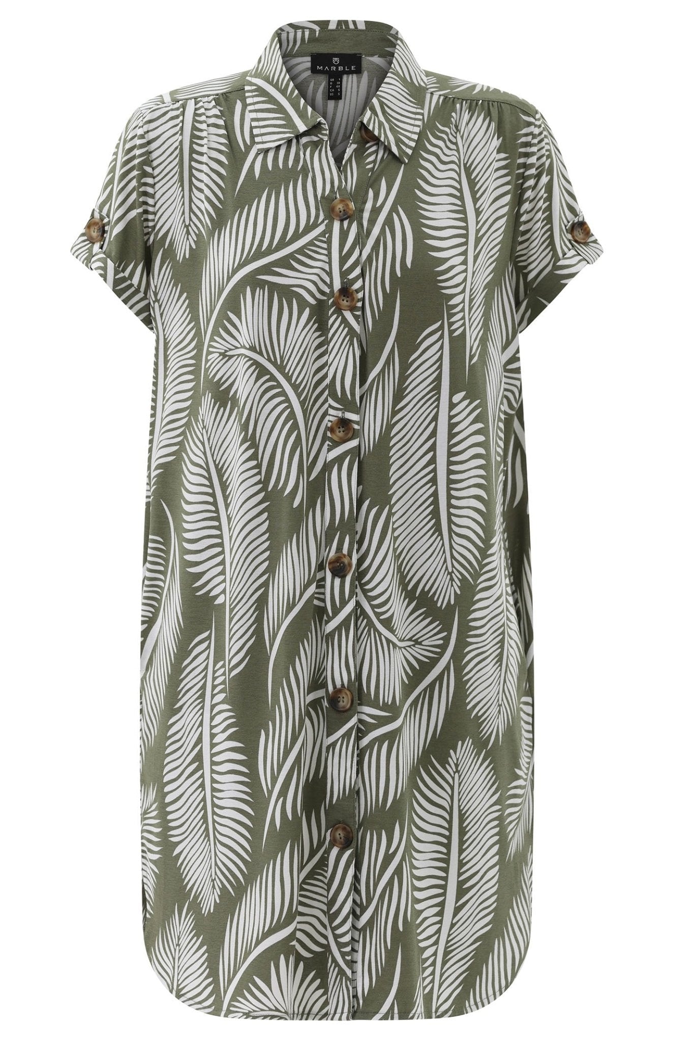 Marble 7921 123 Khaki Green Leaf Print Shirt Dress - Dotique - Marble