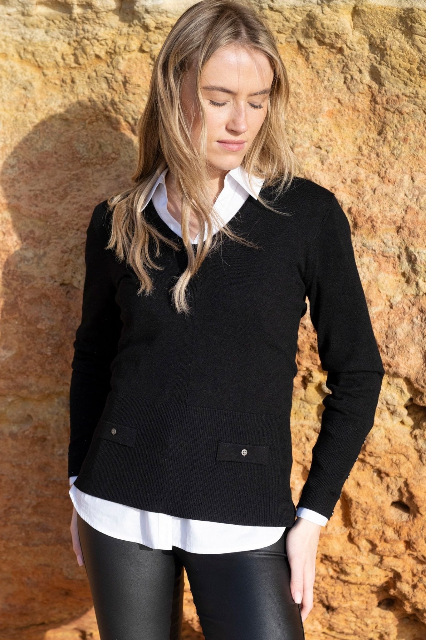 Marble 8014 (101) Black Fine Knit V - Neck Jumper with Button Detailing To Cuff and Front - Dotique - Marble