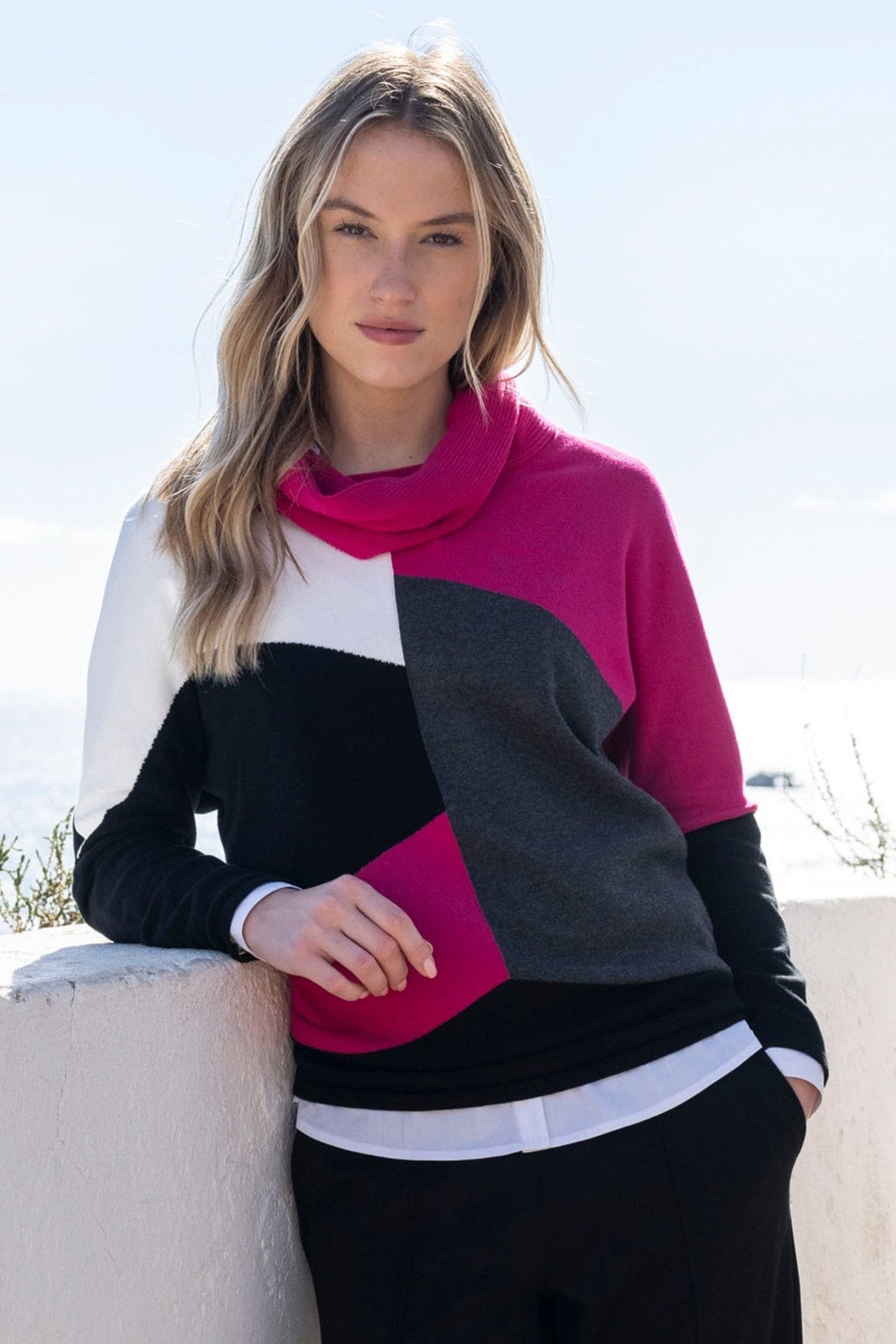 Marble 8071 (126) Pink, Black, Grey and White Block Colour Cowl Neck Cotton Jumper - Dotique - Marble