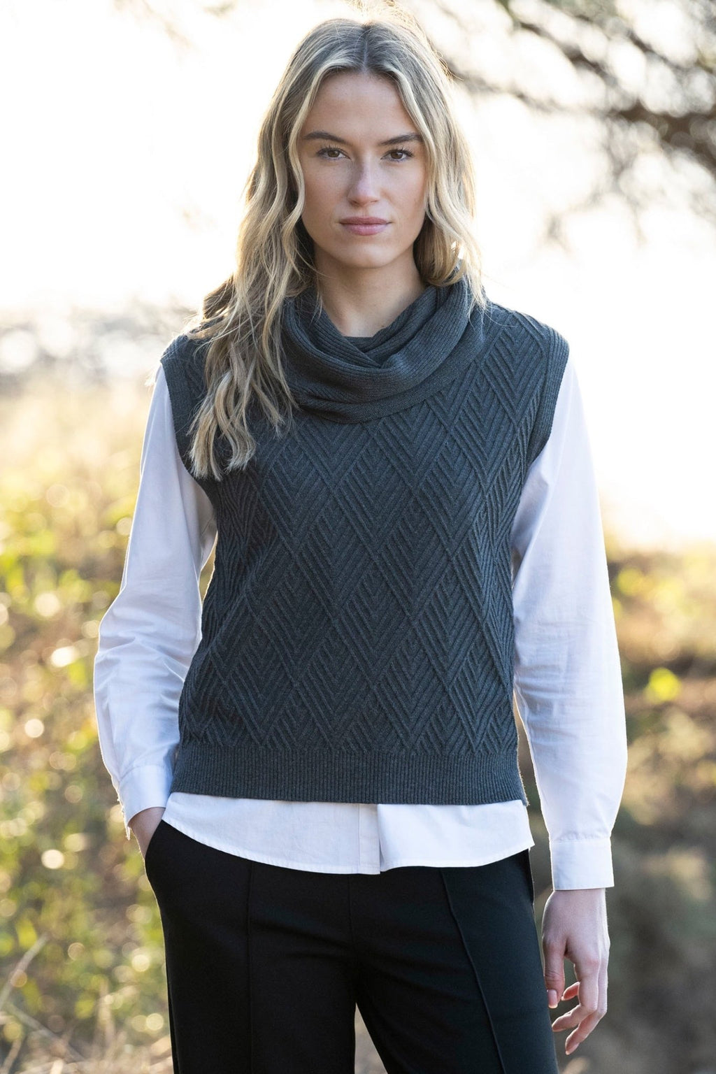 Marble 8081 (105) Grey Cotton Tank Top with Cowl Neck - Dotique - Marble