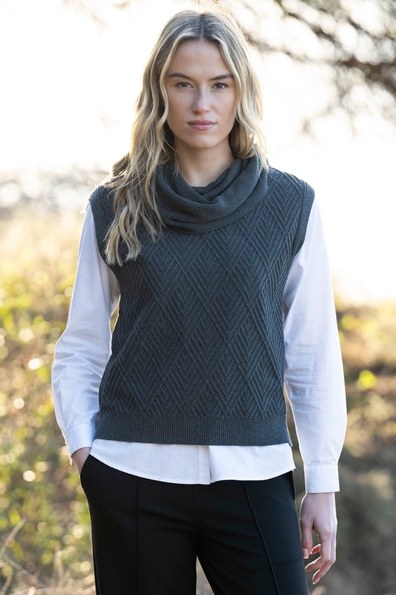 Marble 8081 (105) Grey Cotton Tank Top with Cowl Neck - Dotique - Marble
