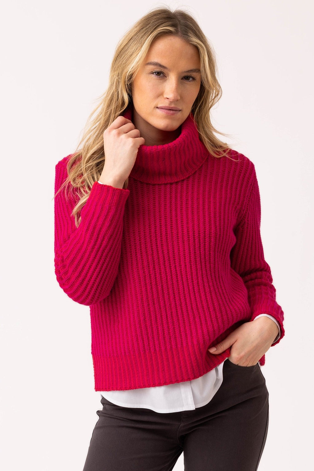 Marble 8100 (126) Pink and Red Cable Knit Round Neck Jumper with Detachable Cowl Neck - Dotique - Marble