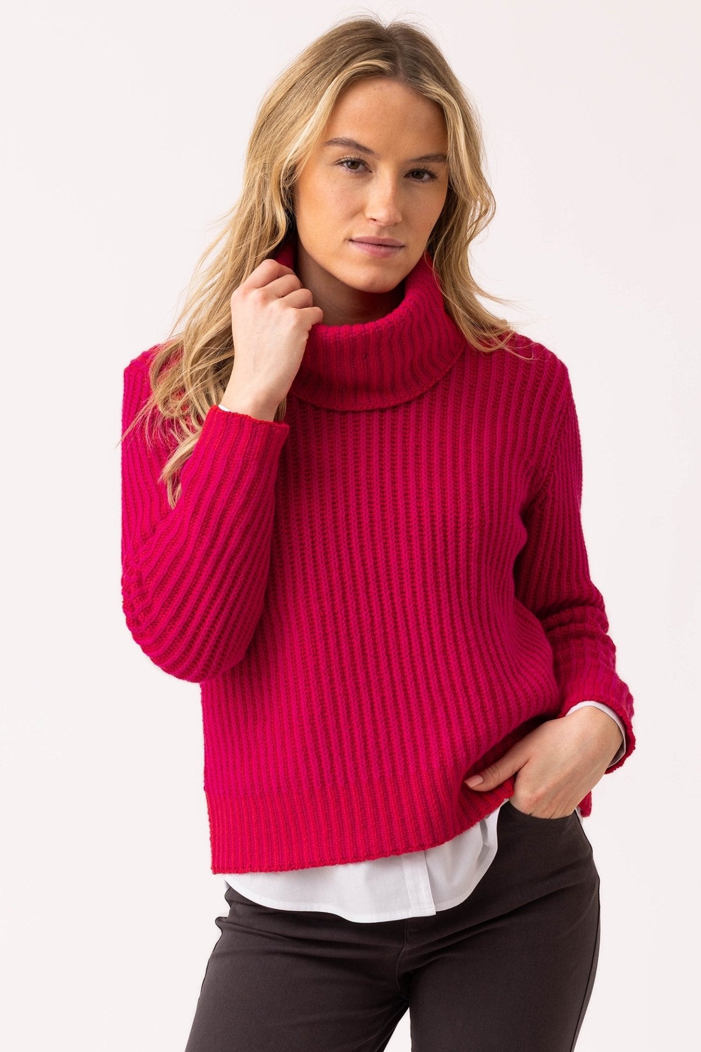 Marble 8100 (126) Pink and Red Cable Knit Round Neck Jumper with Detachable Cowl Neck - Dotique - Marble