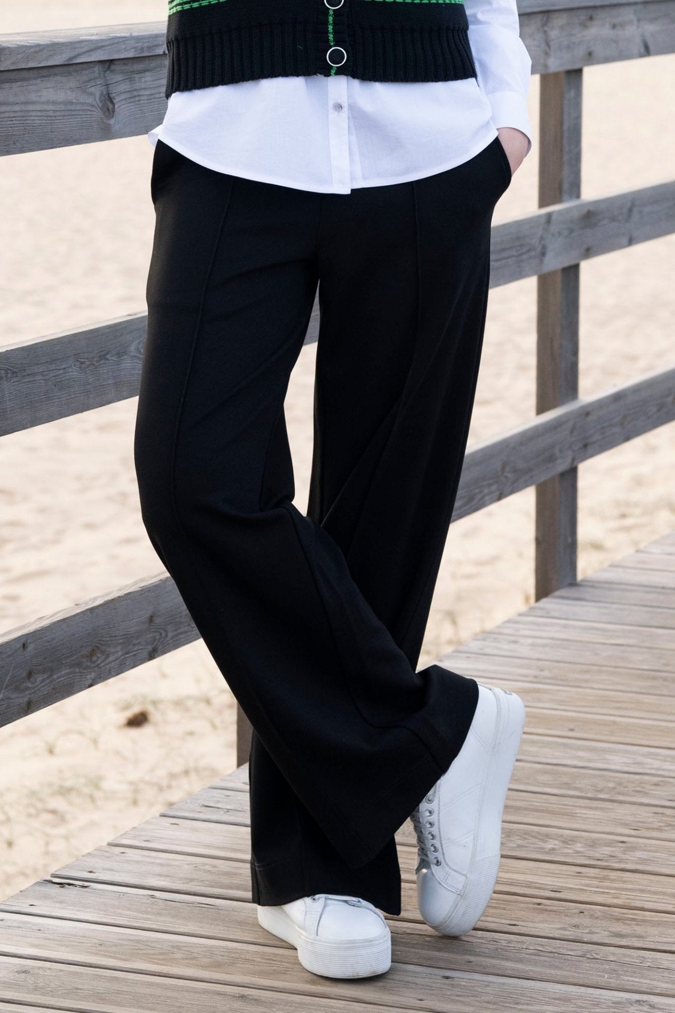 Marble 8153 (101) Black Wide Leg Trousers with Elasticated Waist - Dotique - Marble
