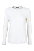 Shop the Margittes Long Sleeve Jersey Top in Cream with Silver Edging at Dotique. A soft viscose stretch top with subtle metallic detailing, perfect for layering or everyday wear.