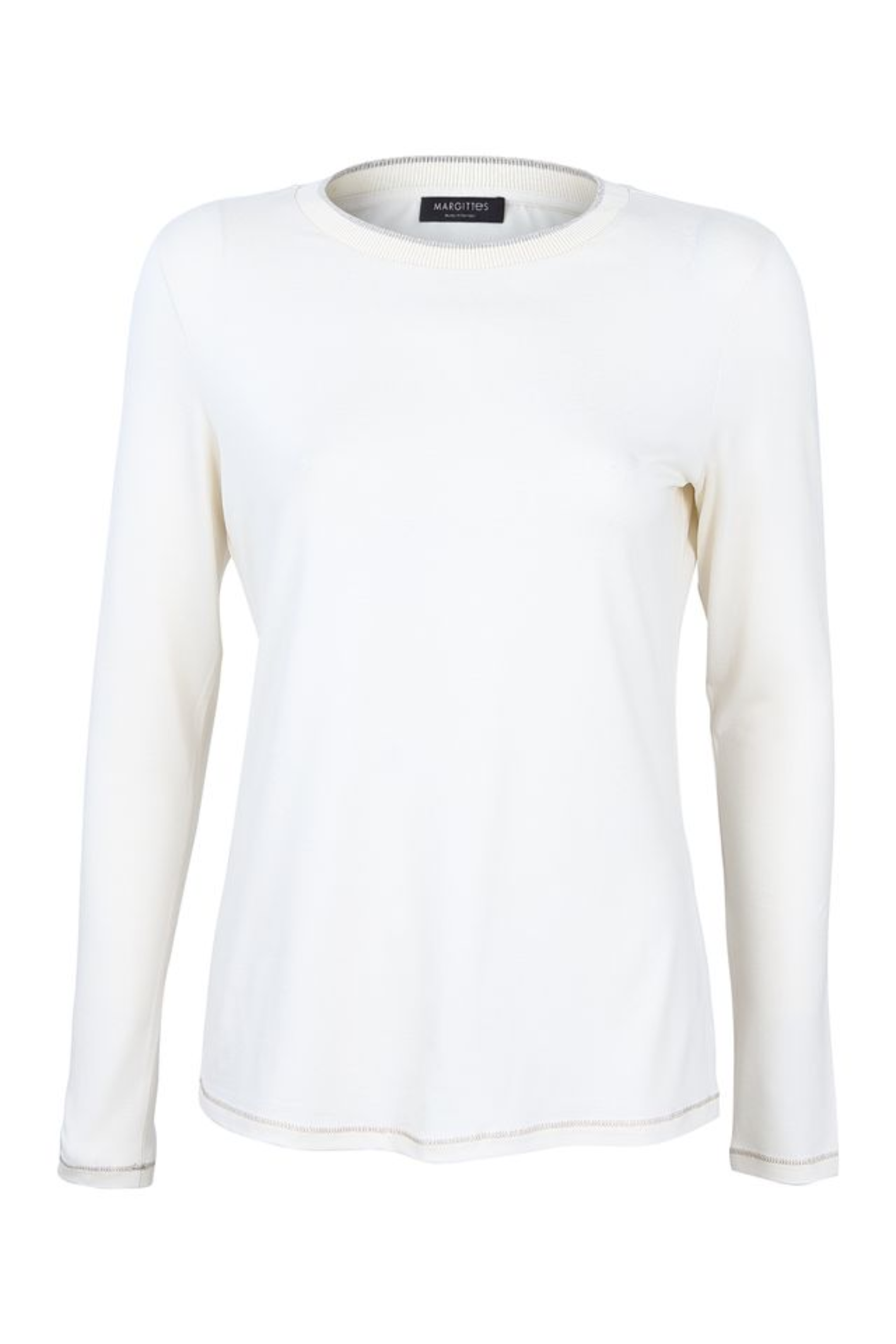 Shop the Margittes Long Sleeve Jersey Top in Cream with Silver Edging at Dotique. A soft viscose stretch top with subtle metallic detailing, perfect for layering or everyday wear.