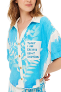 Me369 Aria Cropped Indigo Linen Shirt in blue with white print by Me369, shop the vendor at Dotique summer style