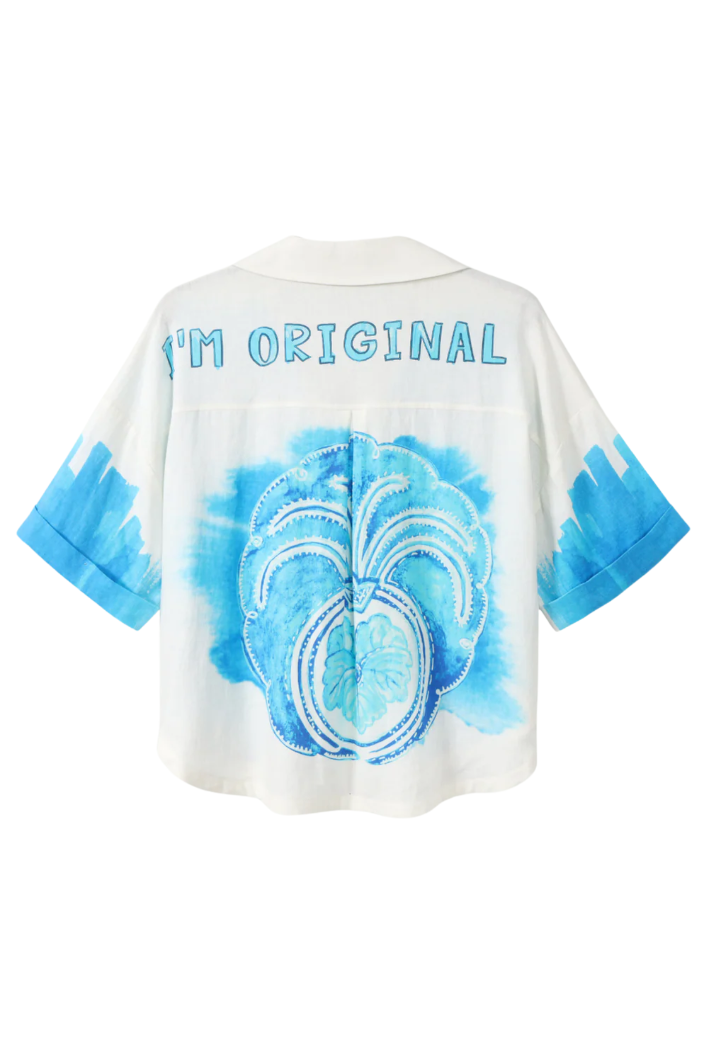 Me369 Aria Cropped Indigo Linen Shirt with blue palm print and I’m Original text Shop Me369 at Dotique