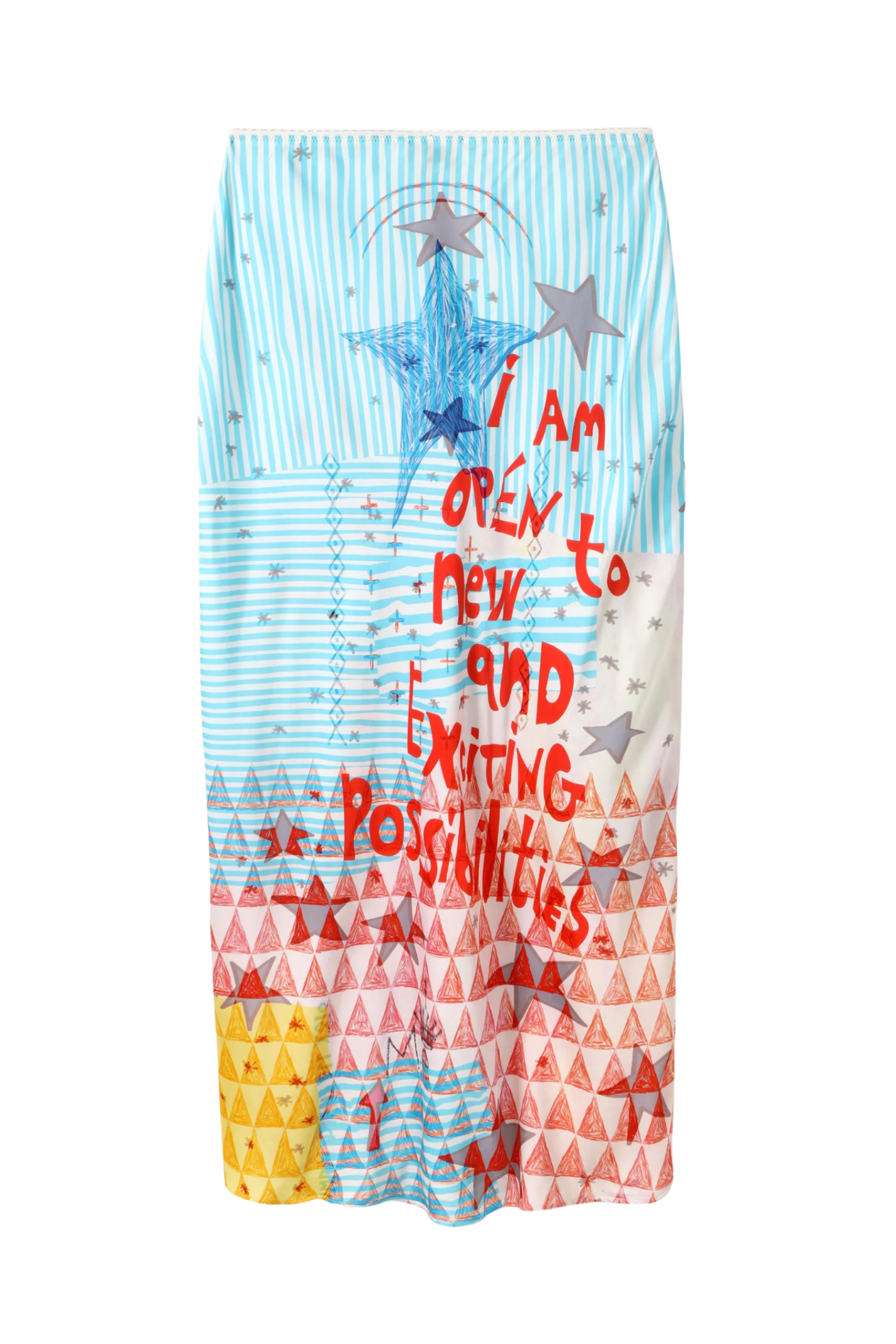 Me369 Blakely Runic Whisper Slip Skirt by Me369 features colorful patterns and red lettering, shop Me369 at Dotique