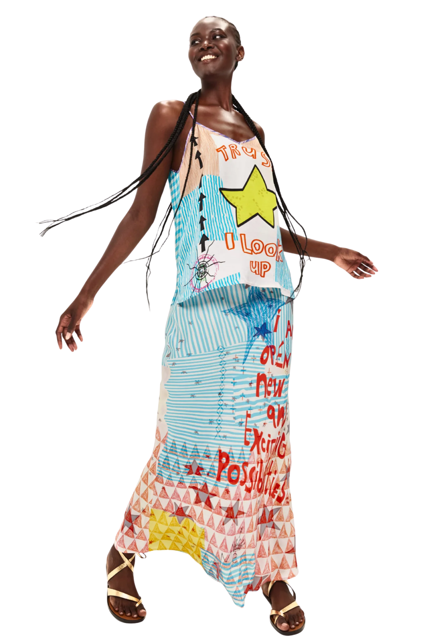 Model wearing Me369 Blakely Runic Whisper Slip Skirt by Me369, shop Me369 at Dotique for bold artistic style.