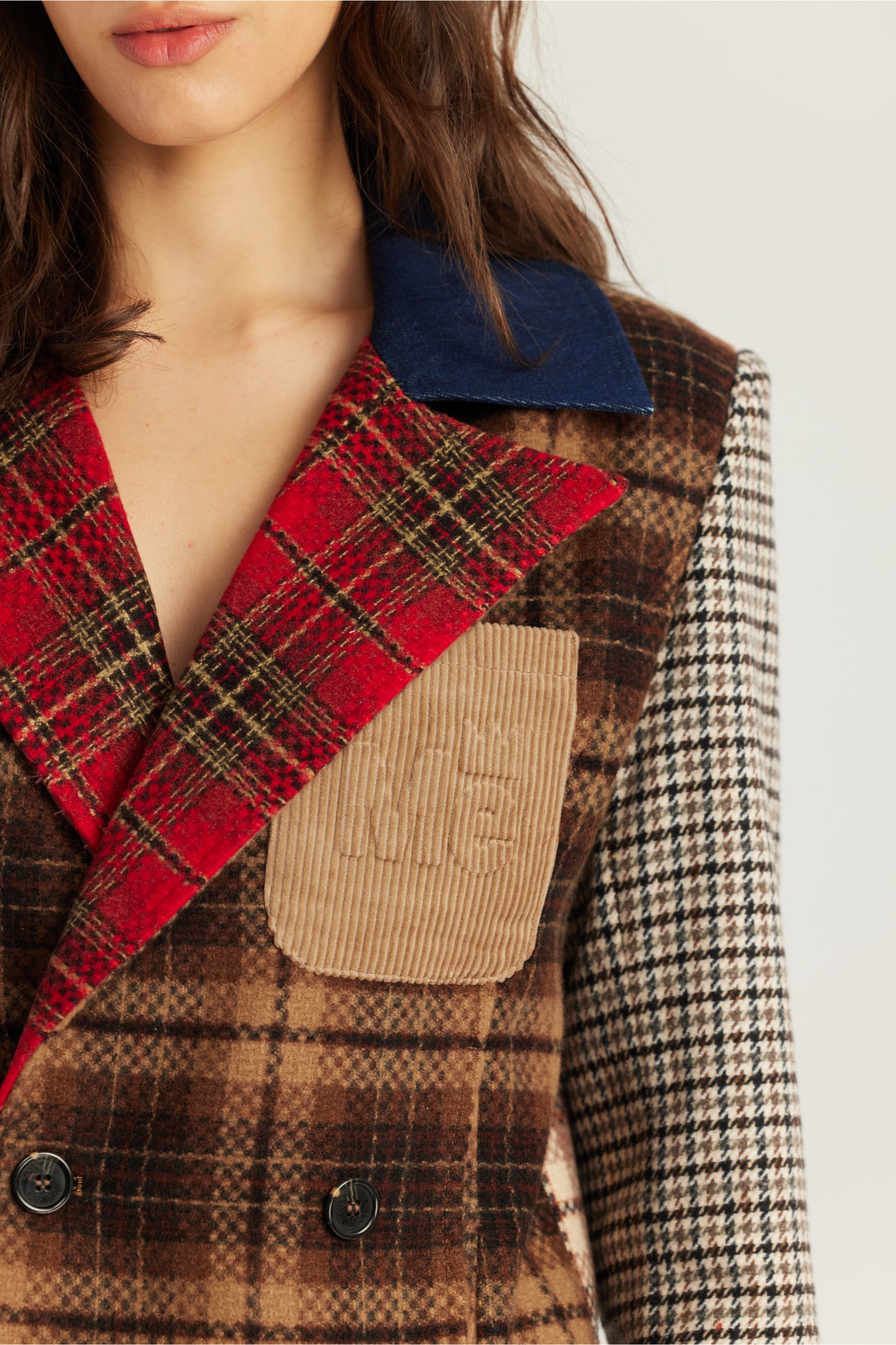 Shop the ME369 Daphne Velvet Double Breasted Jacket in Vintage at Dotique. A tailored patchwork jacket with velvet detailing and signature ME369 style.