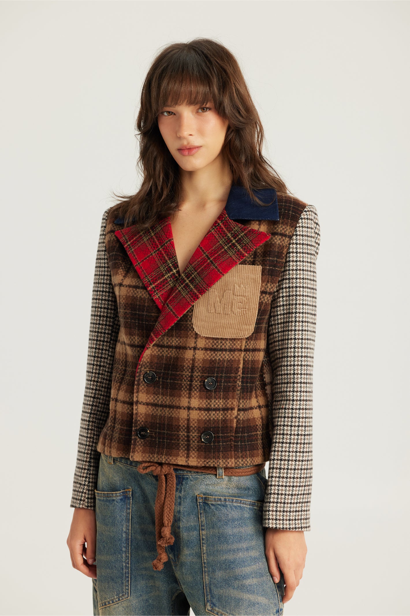 Shop the ME369 Daphne Velvet Double Breasted Jacket in Vintage at Dotique. A tailored patchwork jacket with velvet detailing and signature ME369 style.