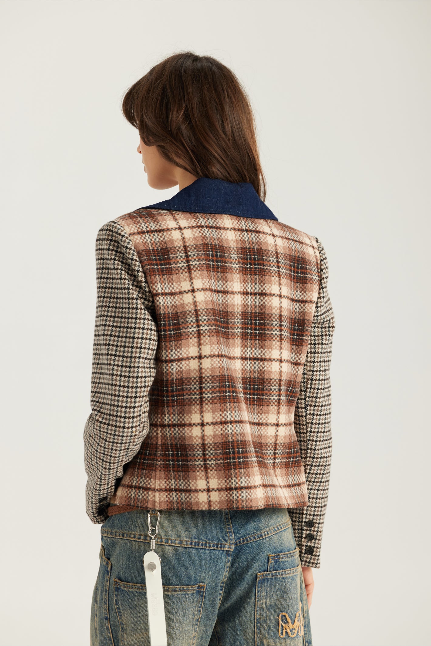 Shop the ME369 Daphne Velvet Double Breasted Jacket in Vintage at Dotique. A tailored patchwork jacket with velvet detailing and signature ME369 style.