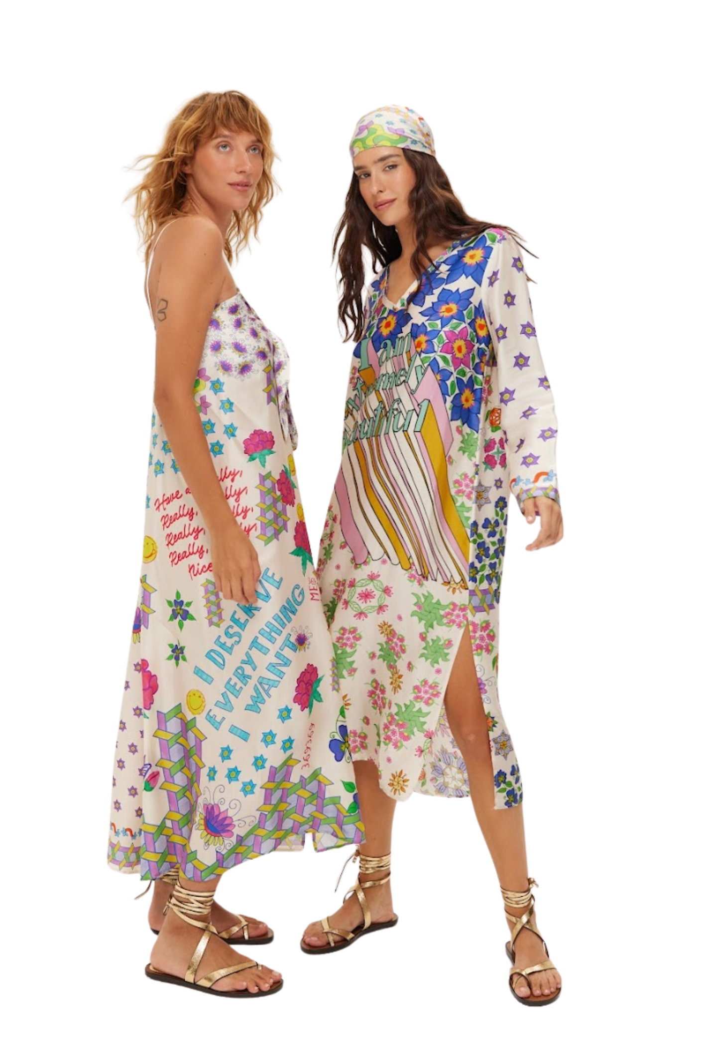 Two models wearing Me369 Eli Markers Stripeless Dress by Me369 shop the vendor at Dotique for unique vibrant styles